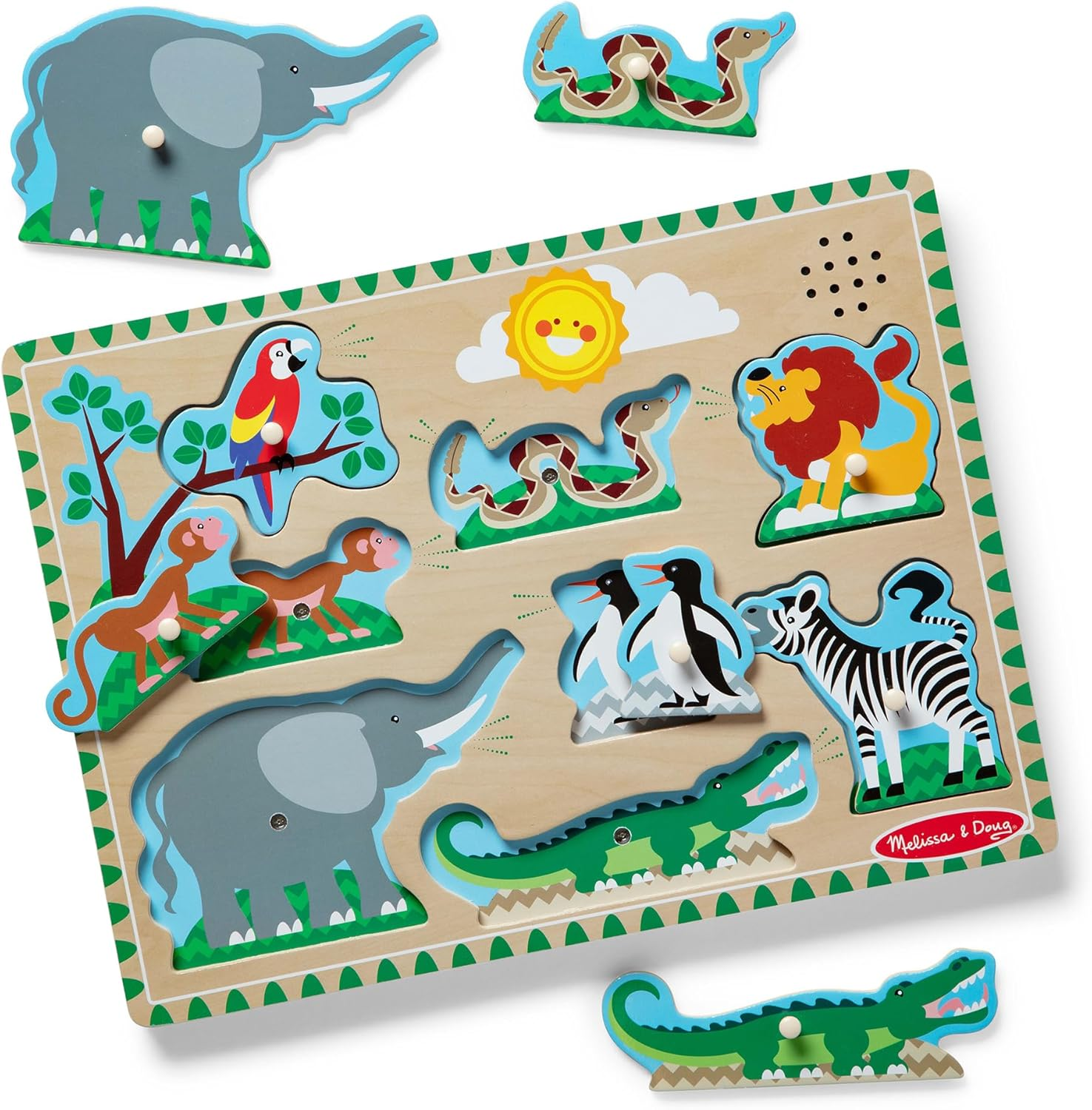 Melissa & Doug Zoo Animals Sound Puzzle &ndash; 8-Piece Wooden Peg Puzzle with Animal Sounds (Ages 2+) image number 6