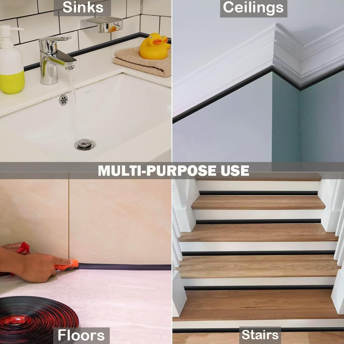 10 Ft Flexible Trim Caulk Strip,Peel and Stick Trim Molding,Floor Molding Trim,Self Adhesive Caulk Strip for Corners,Cabinet Edges,Ceiling Edges,Tile Edges (Black) image number 1