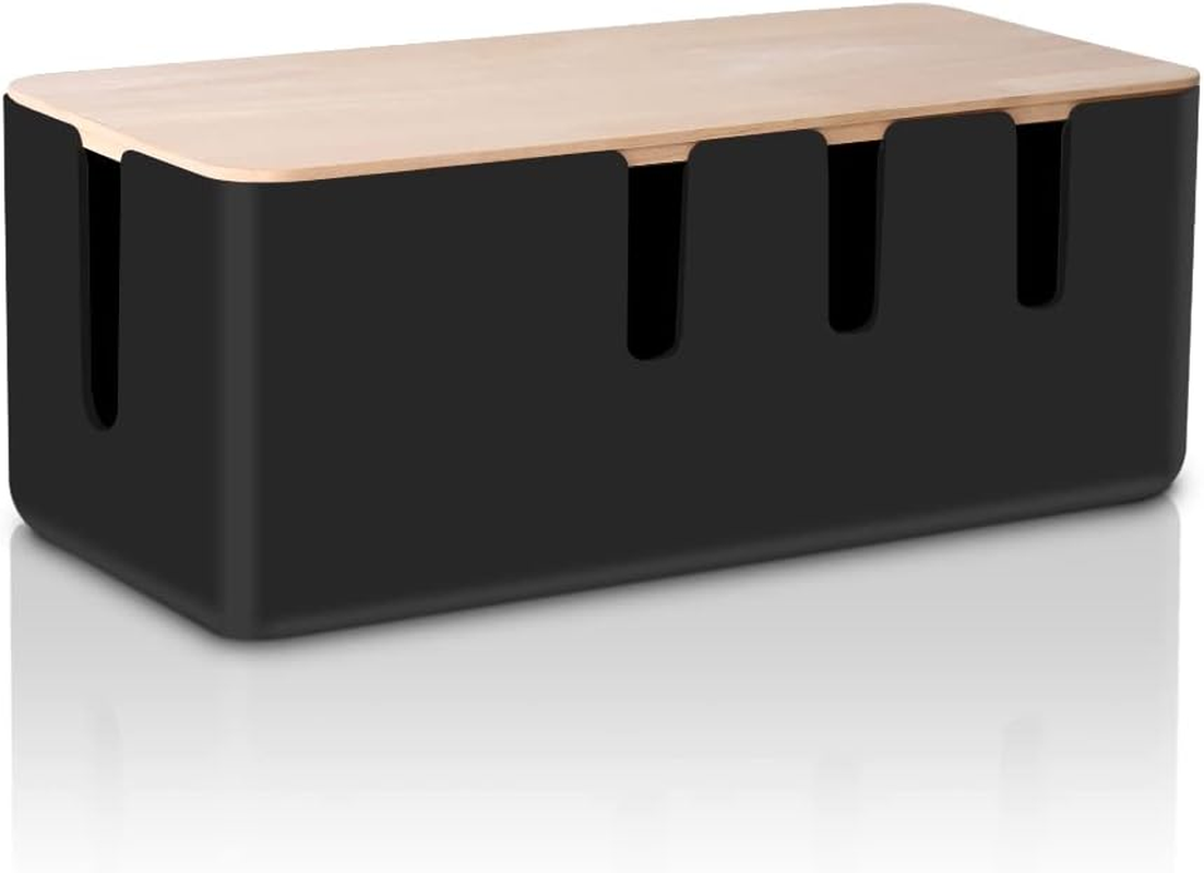Cable Management Box by Baskiss, Solid Wood Lid, Wire Organizer for Desk TV Computer USB Hub System to Cover and Hide & Power Strips & Cords (Black, Medium) image number 4