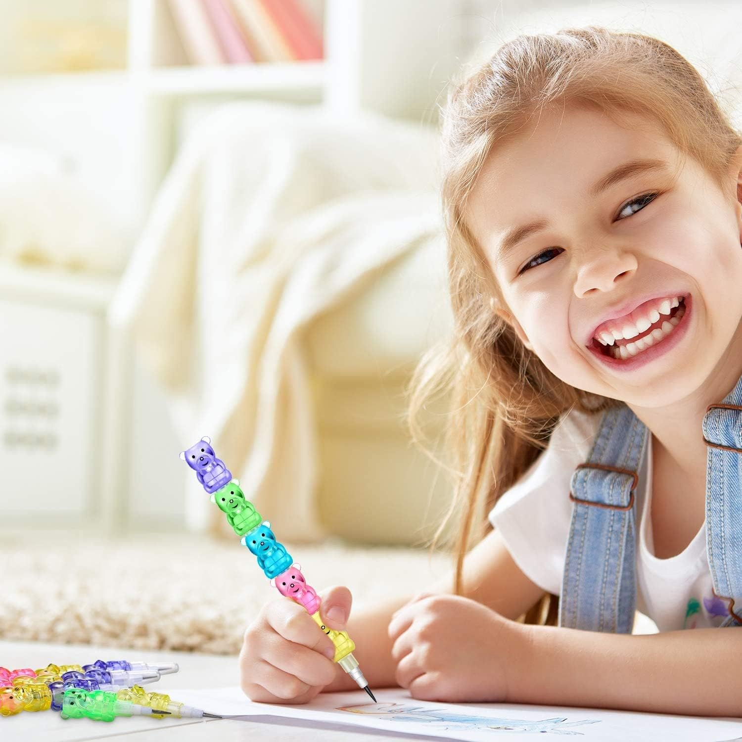 30Pcs Stackable Plastic Pencils,Kids Bear Shaped Stacking Pencil,5 in 1 Point Pencils for Birthday Party Supplies,Goodie Bag Filler image number 6