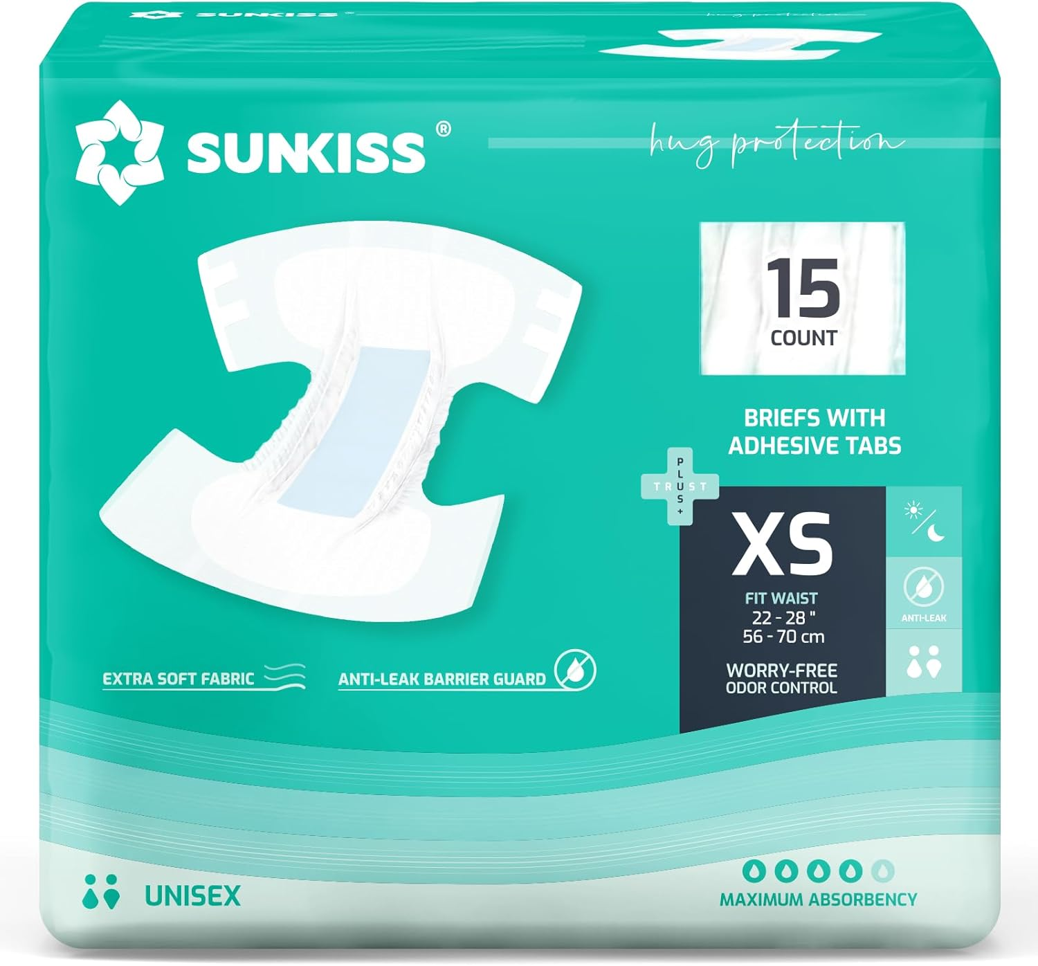SUNKISS Trustplus Adult Diapers with Maximum Absorbency, Unisex Disposable Incontinence Briefs with Tabs for Men and Women, Odor Control, Xsmall, 15 Count image number 6