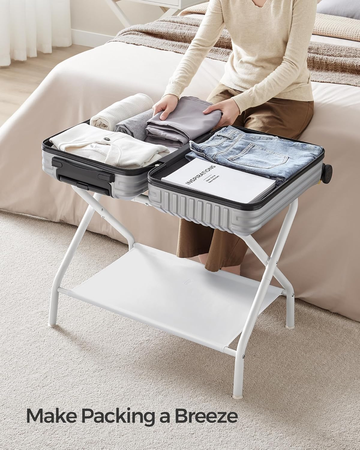 SONGMICS Luggage Racks, Set of 2, Suitcase Stand with Fabric Storage Shelf, for Guest Room, Bedroom, Hotel, Foldable, Holds up to 110 Lb, 27.2 X 15 X 20.5 Inches, Cloud White URLR002W02 image number 1