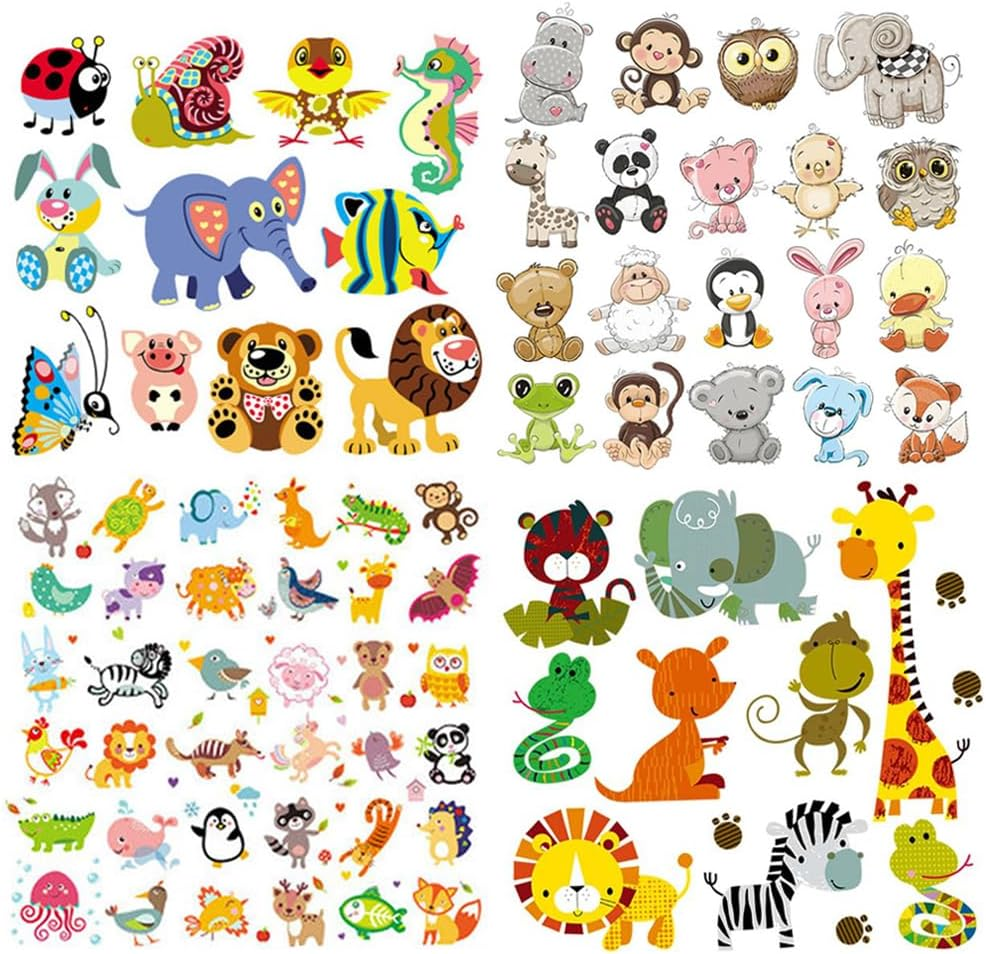 Kids Patches Lovely Animal Iron on Transfer Stickers with Many Different Cute Lion Cow Leopard Cartoon Things Appliques Stickers Boys Girls Children Clothes Decor Free DIY 4 PCS