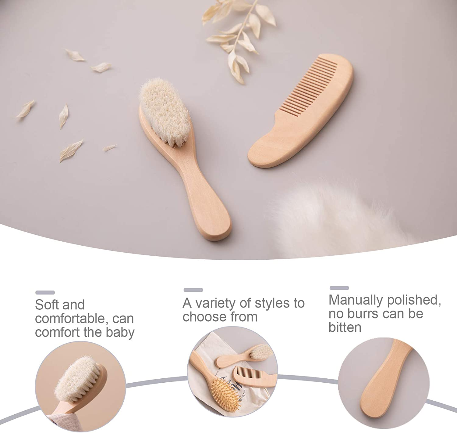 3 Piece Wooden Baby Hair Brush and Comb Set Natural Goat Bristles Brush for Newborns and Toddlers Perfect for Baby Shower and Registry image number 5