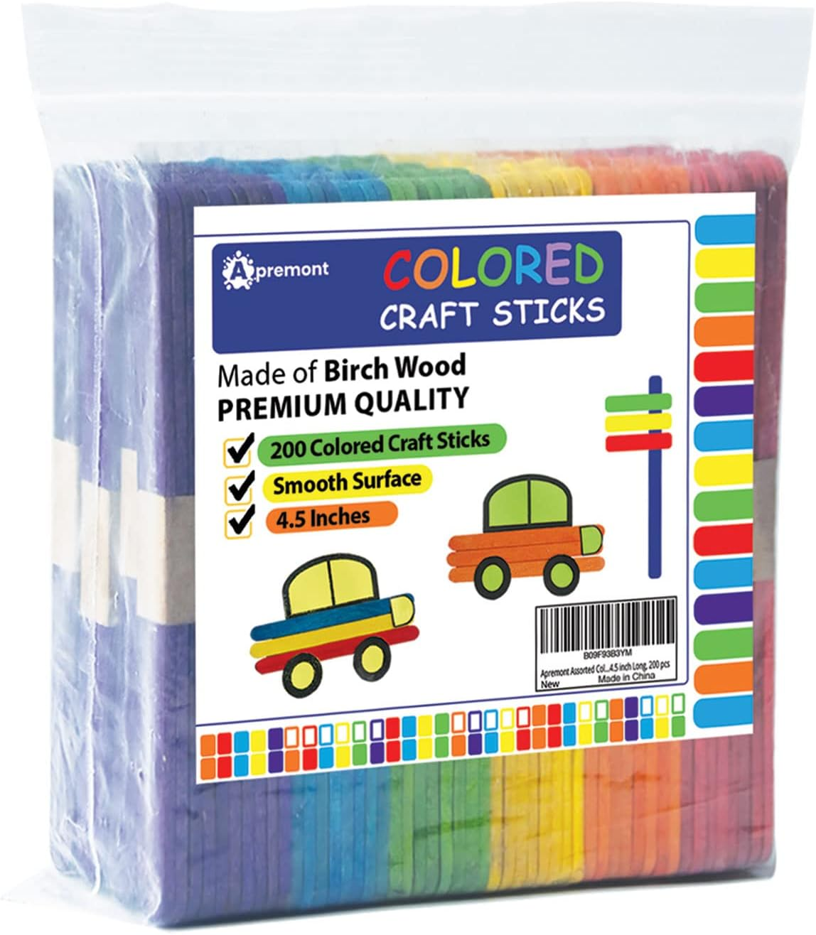 200 Pcs Assorted Colored Wooden Craft Sticks, Rainbow Popsicle Stick, Arts and Crafts, Best for DIY Games Making, Building Designs or Kids Education, 4.5 Inch Long