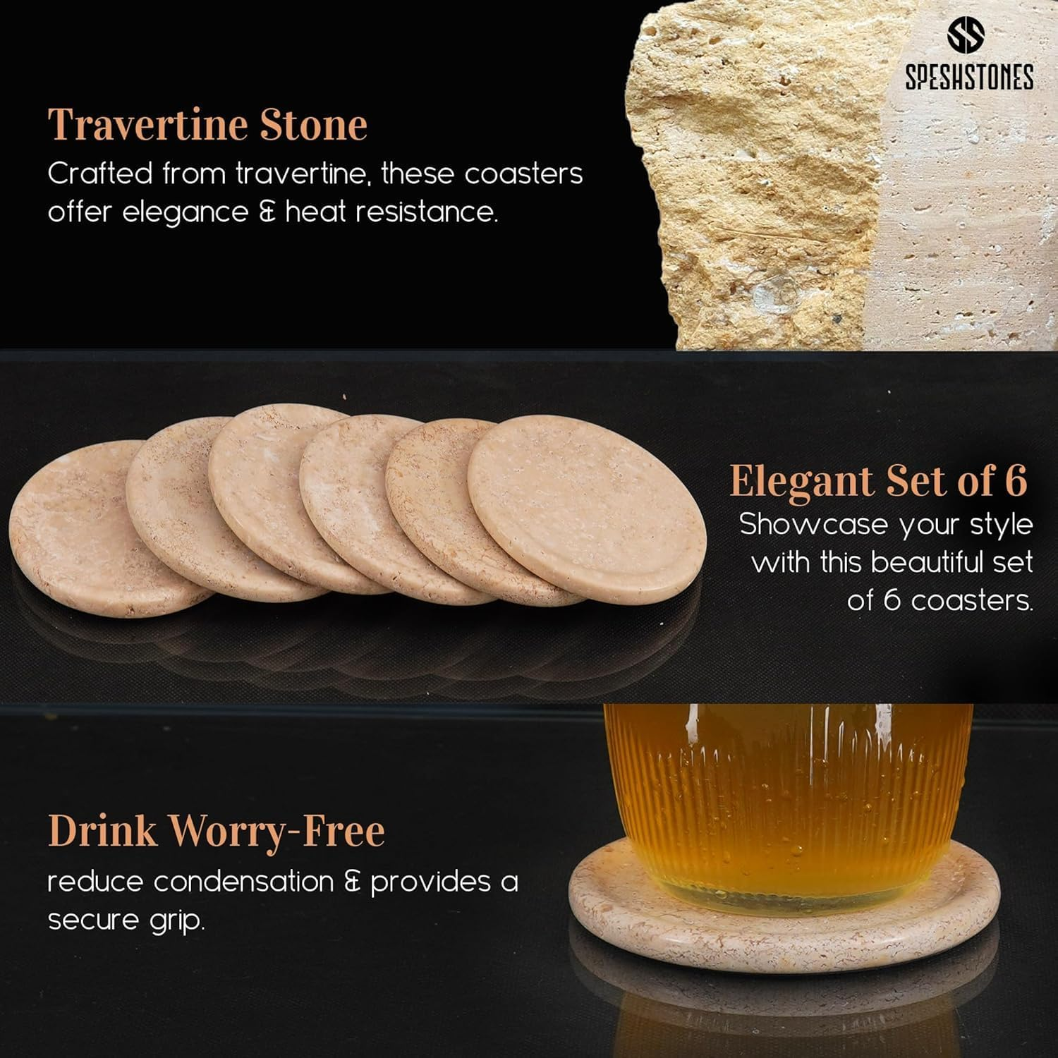 Marble Coasters Set of 6 round 3.5 Inch Travertine Christmas Coaster for Drinks with Holder - Ideal Stone Drink Coasters for Coffee Bar Accessories, Gifts, Dining Table & Home D&eacute;cor