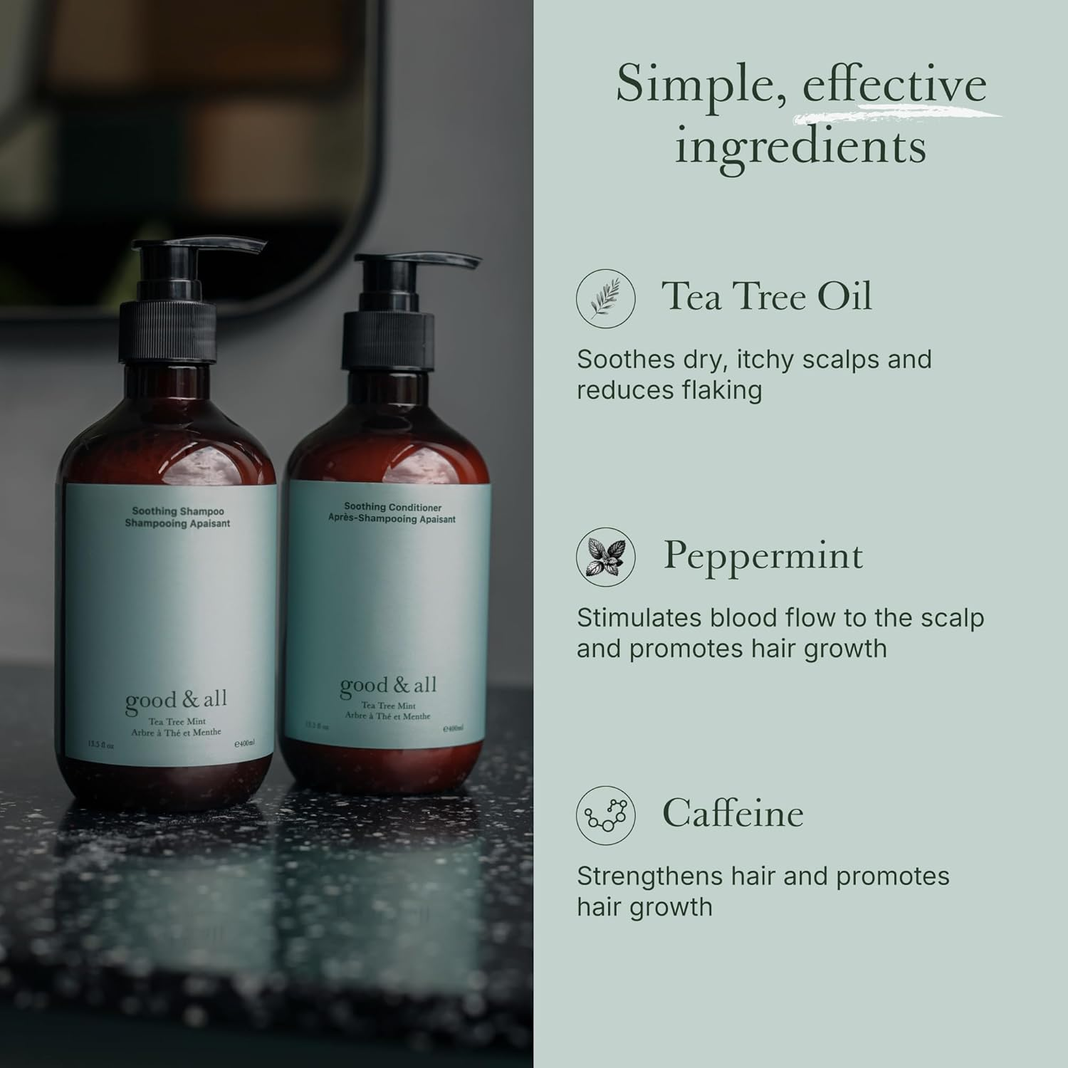 Good&All Tea Tree Shampoo and Conditioner Set for Dry Itchy Scalp with Peppermint - Sodium Lauryl Sulfate/Sulphate, Silicone, Paraben, Fragrance Free - 400Ml image number 5