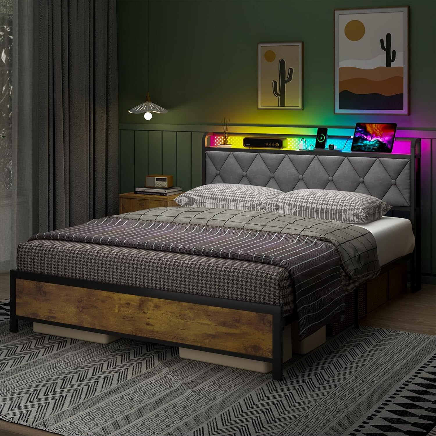 ADVWIN Queen Size Bed Frame, Storage Headboard with Led & Charging Station, Industrial Upholstered Platform Bed with Metal Mattress Base Support, No Box Spring Needed, Rustic Brown & Gray (Queen) image number 4