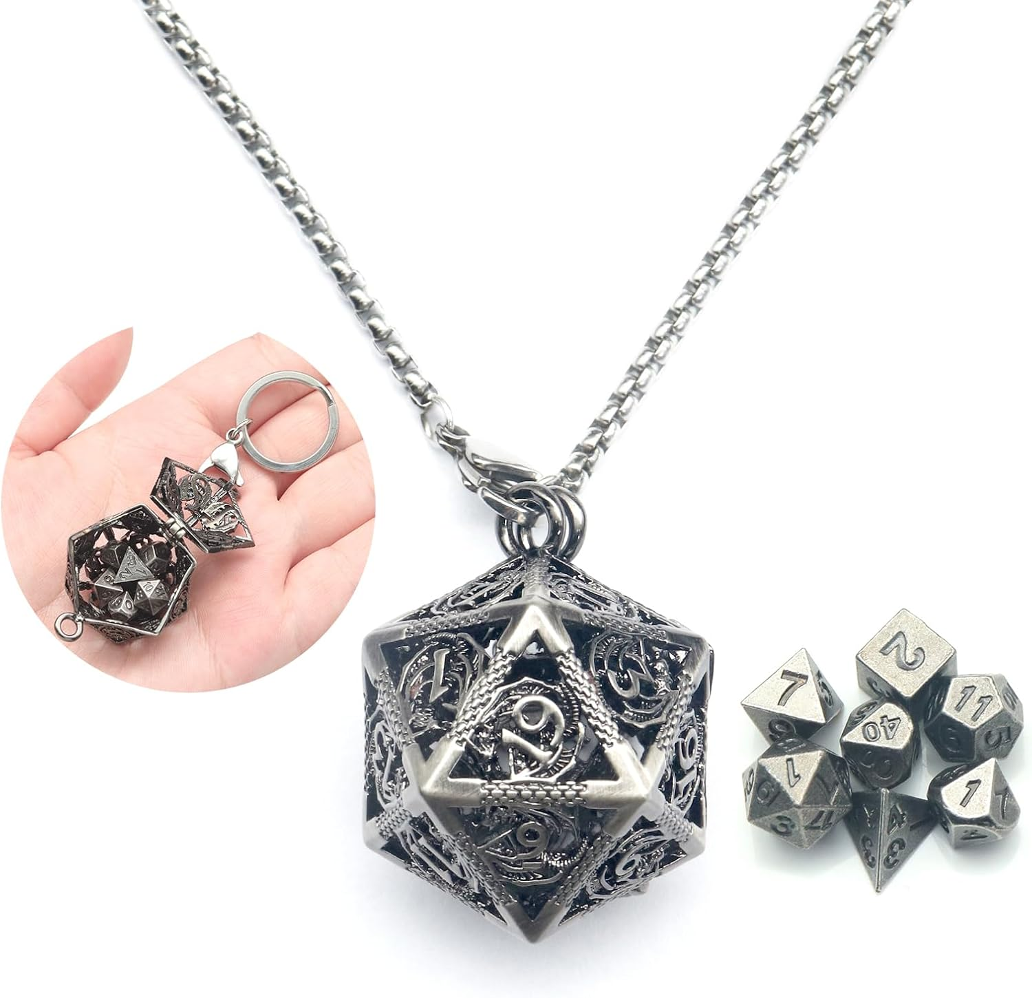 PJOY Mini Dice Set Tiny DND Dice with Necklace Stailess Steel Case D&D Portable 7PCS Keychain Metal Dice Set for Role Playing Dice Games as Dungeons and Dragons Gifts, Metal, No Gemstone