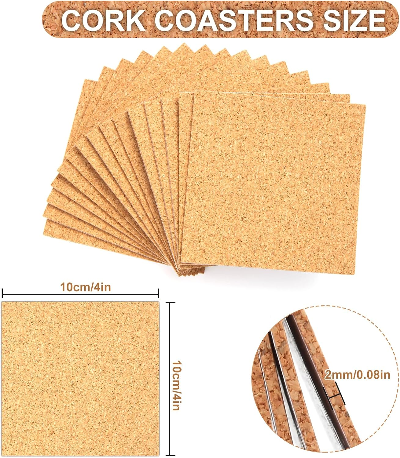 YBVABE Self-Adhesive Cork Coasters Squares 10X10Cmx2Mm &ndash; 60 Pack Thin Cork Sheets for DIY Crafts, Wall D&eacute;cor & Drink Protection &ndash; Natural Lightweight Coasters Pads for Home or Office image number 6