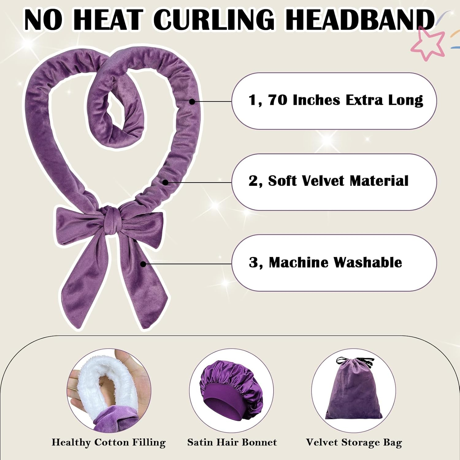ZILAMPU Heatless Hair Curler, Heatless Hair Curlers to Sleep in Overnight Curls Headband, 70" Long Soft No Heat Curling Headband for Women Girl Long Wave Hair Rollers, 9 PCS Heatless Curl Set -Purple - Leopard Print image number 3