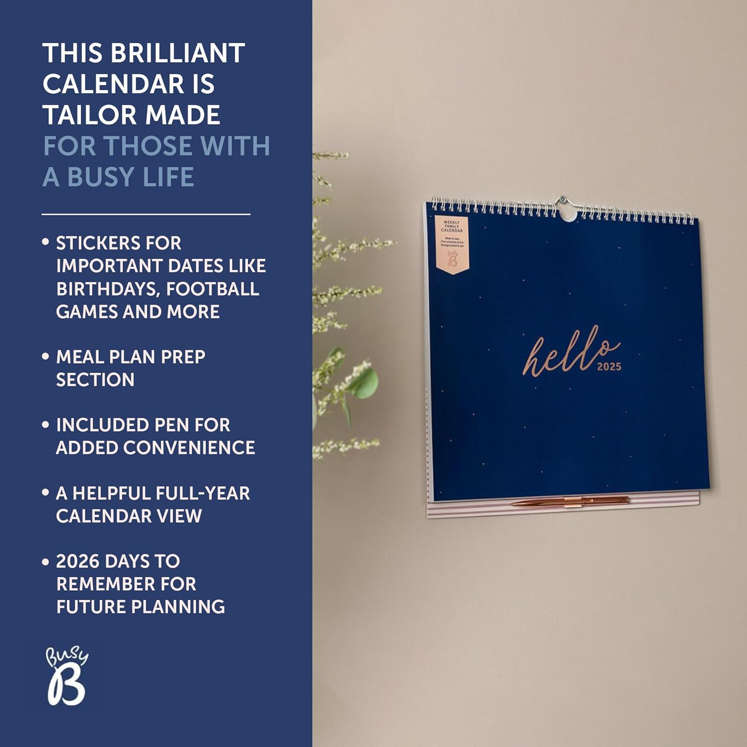Busy B 2025 Family Wall Calendar with Weekly View for 5 Members &ndash; Navy and Gold A4 Planner with Meal Plans, Shopping Lists, Stickers & Storage Pocket - Family Calendar for Home Organisation image number 2