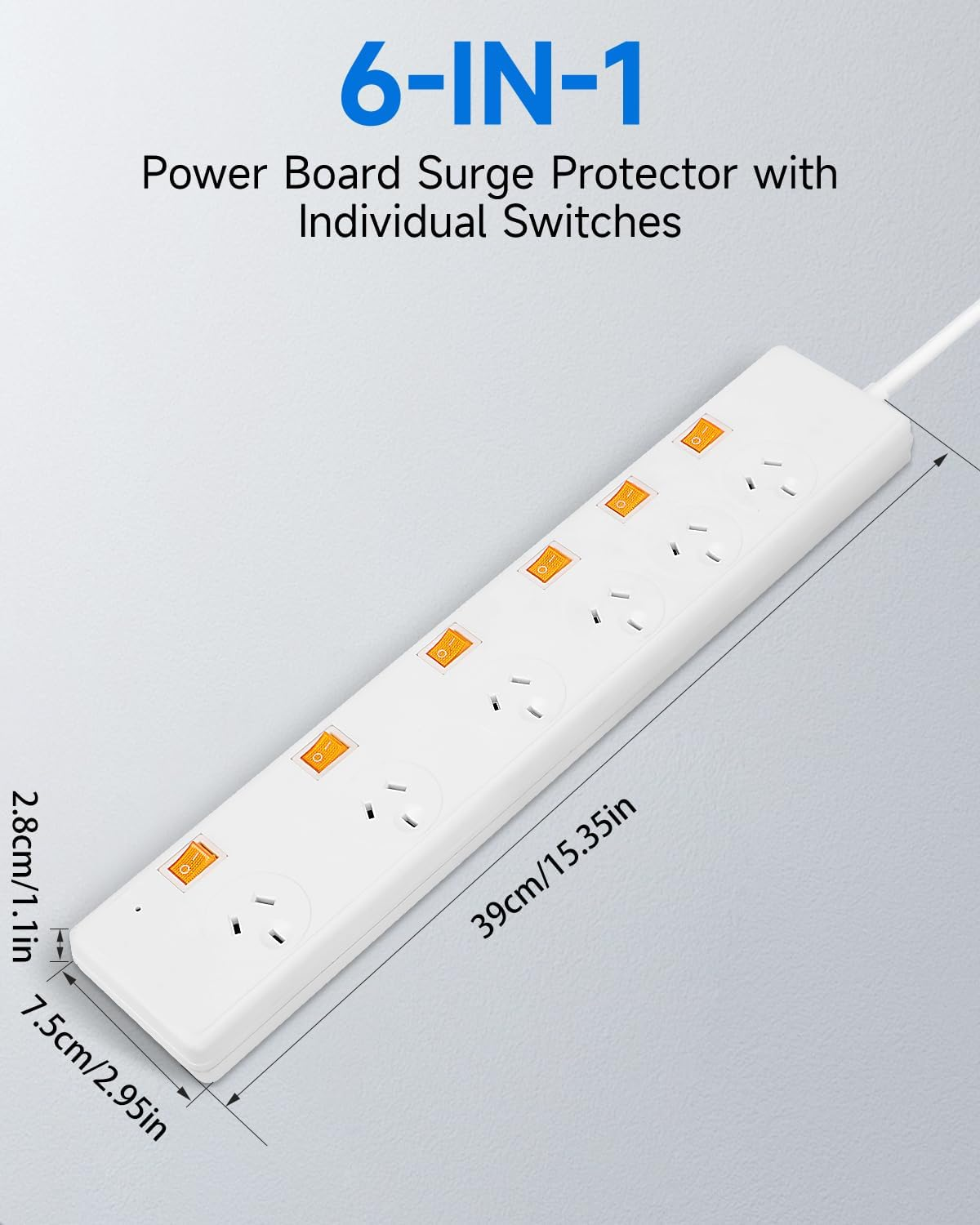 Surge Protector Power Board - 6 Widely Outlets with Individual Switch, LERLIUS Power Strip with 1.5M Extension Cord, 900J Surge Protection, Wall Mount, 2400W/10A/240V, White image number 1