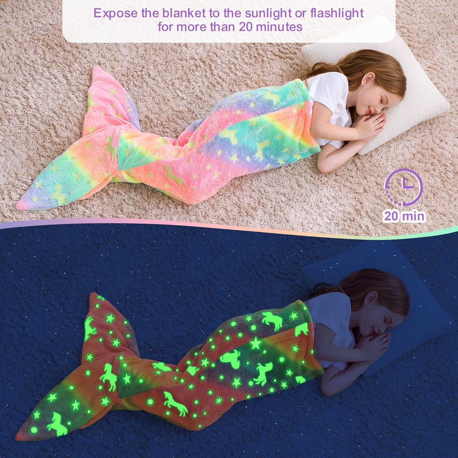 Kids Glow in the Dark Mermaid Tail Blanket - Unicorn Gifts for Girls, Soft Flannel Fleece with Rainbow Ombre Fish Scale Design, 100 X 43 Cm - Glow In Unicorn image number 2