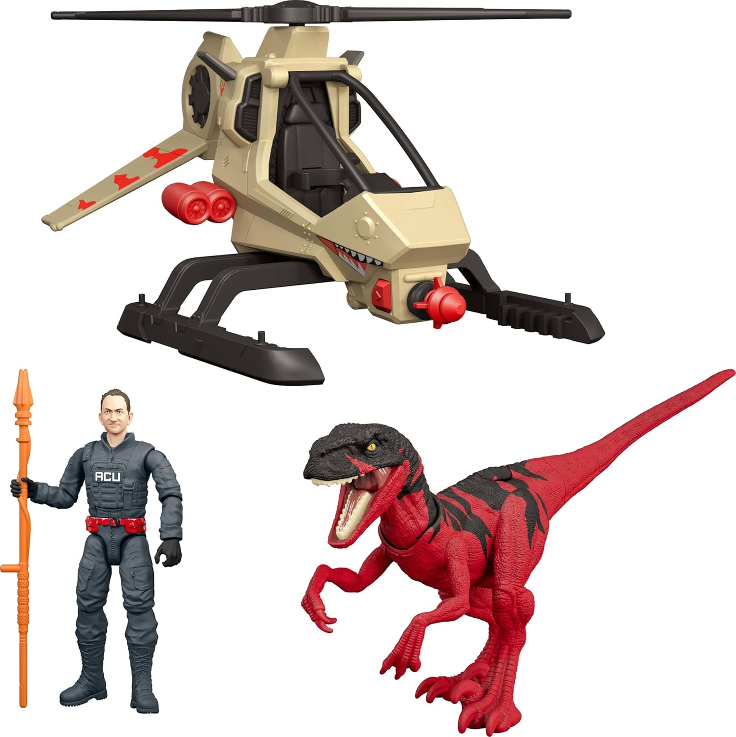 Jurassic World Legacy Collection Reimagined Helicopter, Dinosaur & Human Pack with Projectile, Atrociraptor, Chopper Chase, Digital Play image number 1