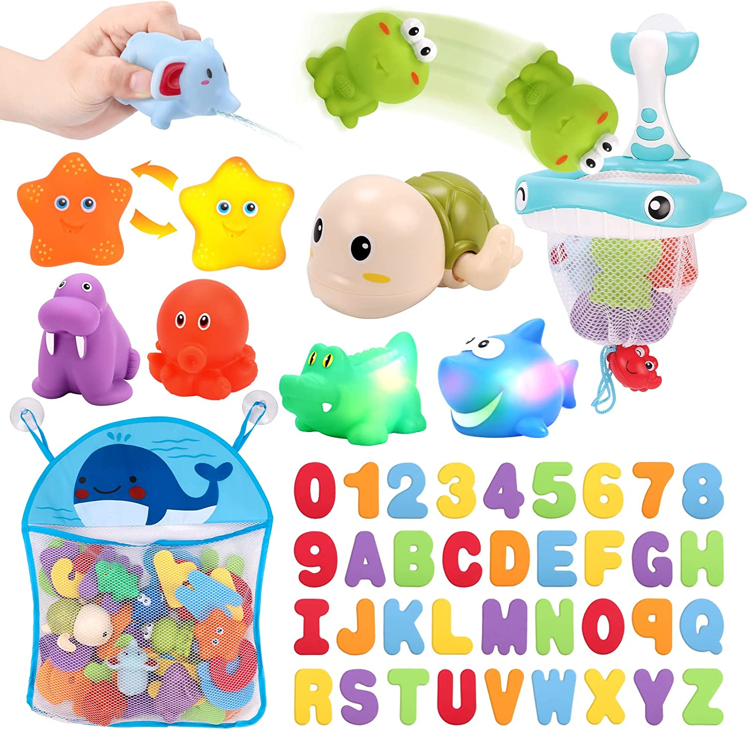 Kaekid Toddlers Bath Toy, Water Spraying Discoloration Light-Up Floating Animals Bath Toys Set, Foam Bath Letters and Numbers Bath Toy, Water Toys for Kids Boys Girls (Multicolour)
