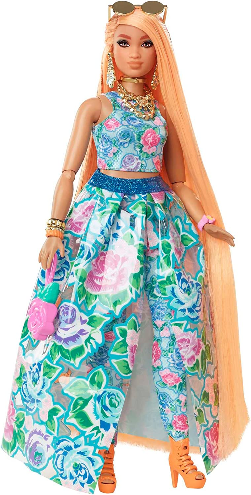 Barbie Extra Fancy Fashion Doll & Accessories with Curvy Shape & Orange Hair in Floral 2-Piece Gown with Pet Kitten image number 5