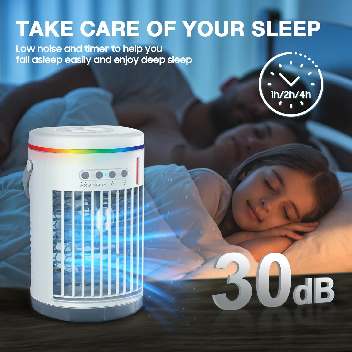 Portable Air Conditioner Fan,Rechargeable 4-IN-1 Personal Mini Cooler Humidifier,3-Speed Evaporative Air Cooler with 7 Color Lights,1400Ml Cordless AC Desktop Spray Fan,Remote Control Cooling Fan image number 4