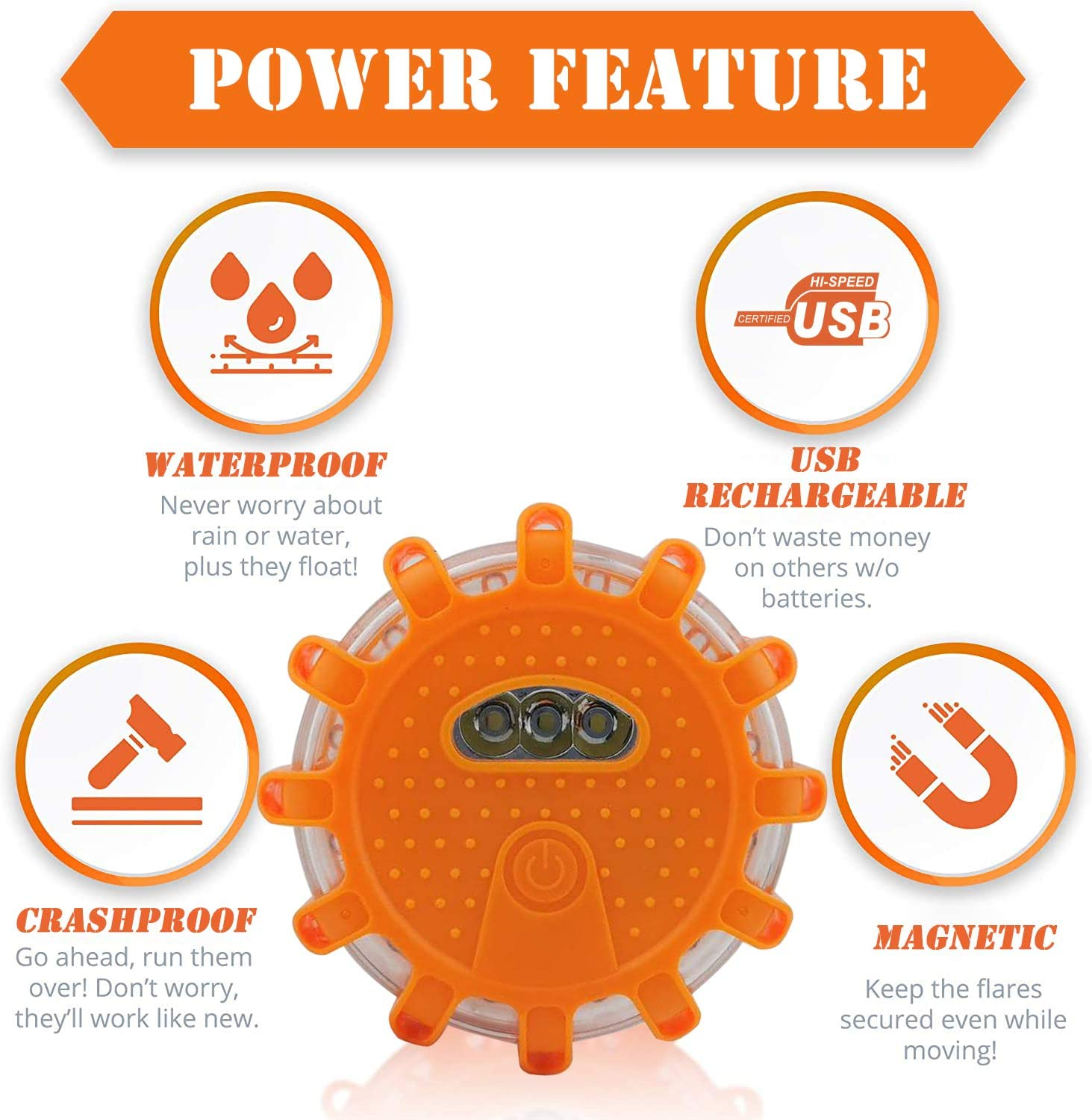 USB Rechargeable LED Road Flares Emergency Lights-Roadside Warning Car Safety Beacon Flashing Disc Flare Kit with Magnetic Base for Vehicles & Boat | 6 Pack image number 5