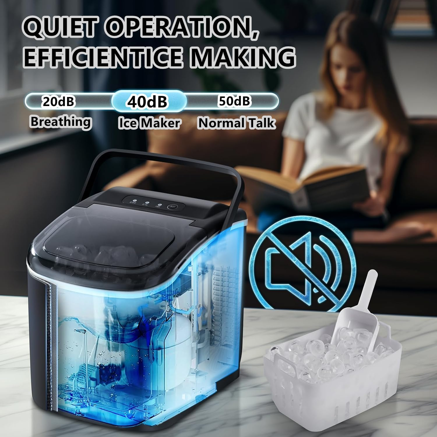 Ice Maker for Countertop, 1.2L 12KG Stainless Steel Portable Icemaker Cube Makers, 26Lbs Ice/24Hrs, with Self-Cleaning Feature, Ice Spoon and Basket, for Home, Kitchen, Camping, Party (Black) image number 1