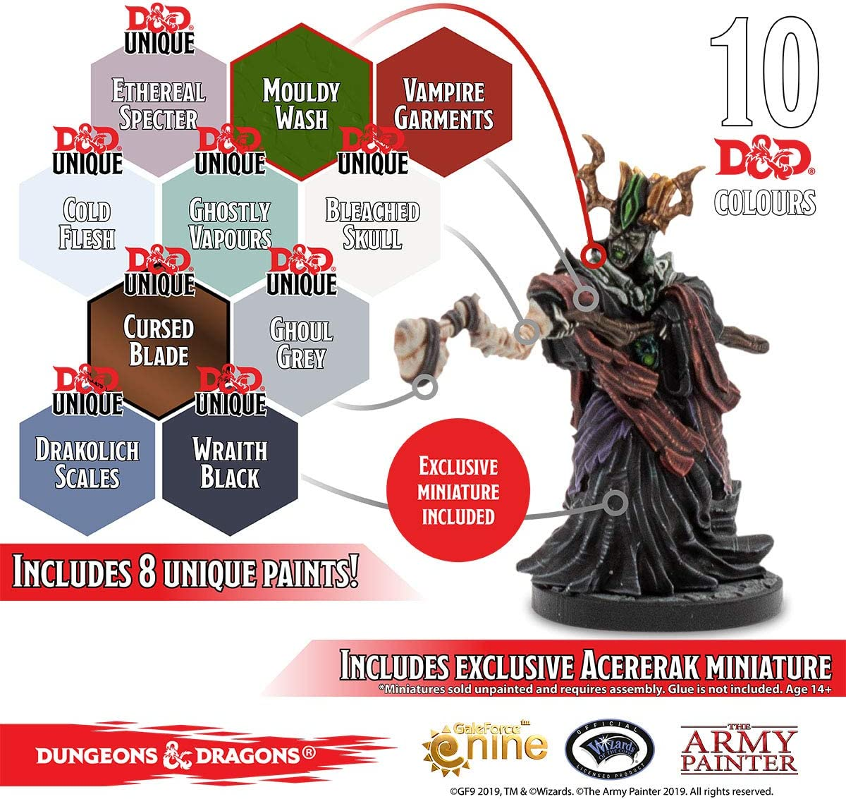 The Army Painter D&D: Undead Paint Set - Nolzur'S Marvelous Pigments Miniature Painting Kit with Acererak Miniature, Various, 11 Piece Set, GF975005 image number 2