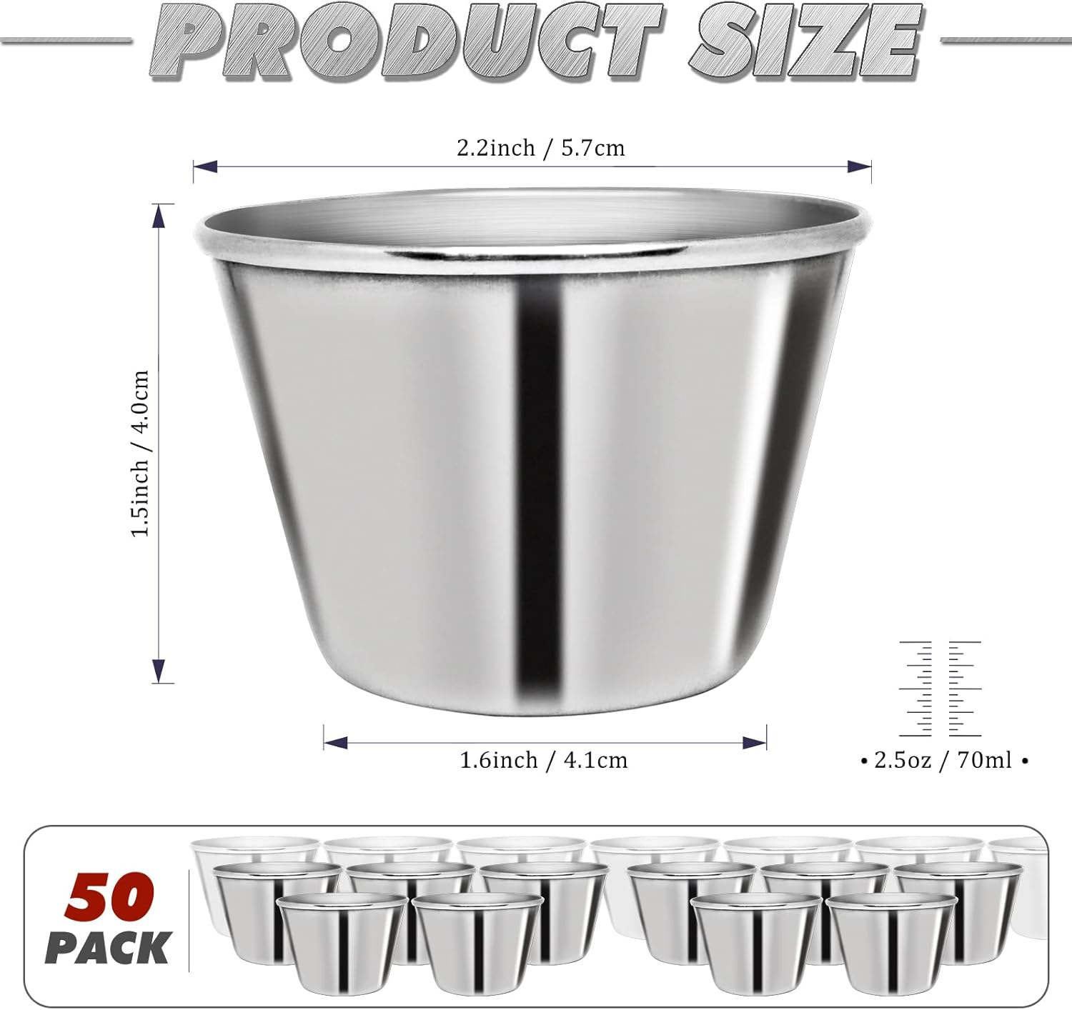 DJZZ 50 Pcs Metal Sauce Cups 2.5Oz Ramekins, Stainless Steel Dipping Containers, Reusable round Butter Dressing Bowls for Restaurants image number 3