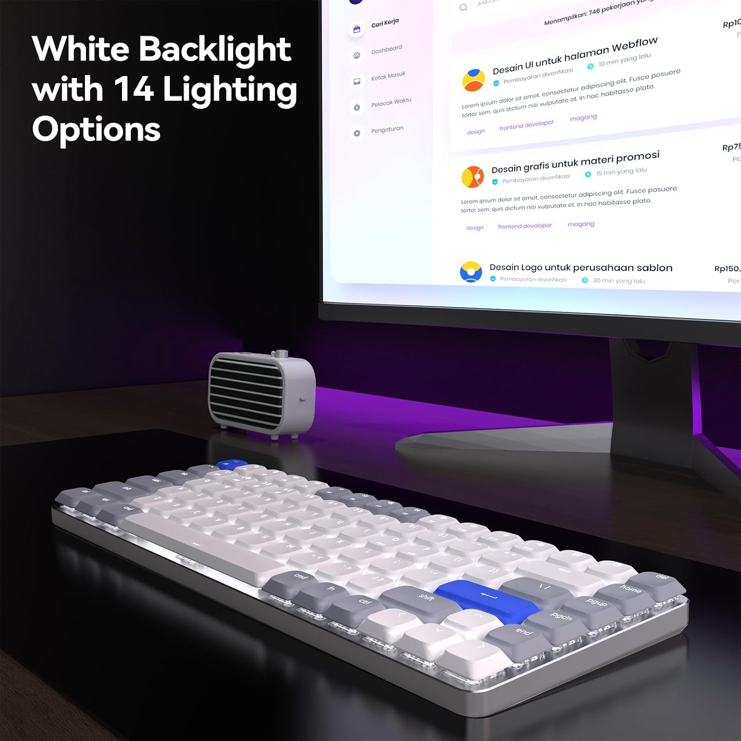 AUSDOM 75% Mechanical Keyboard, 84 Keys Compact Low Profile Wireless Gaming Keyboard with White LED Backlit, Bluetooth/2.4Ghz/Usb-C, Brown Switch Compatible with Mac Windows