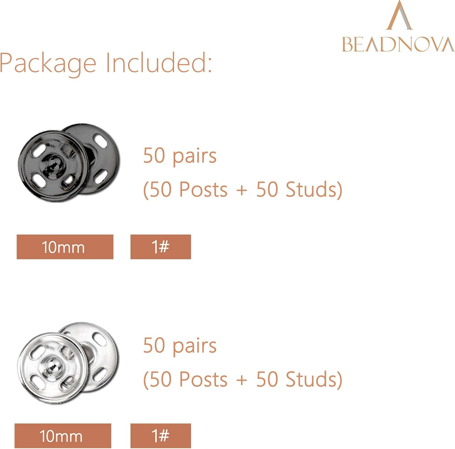 Beadnova Sew on Snaps Metalpress Buttons Snap Fasteners for Clothing (100 Sets 2 Colors) - 10Mm,Black/Silver image number 4