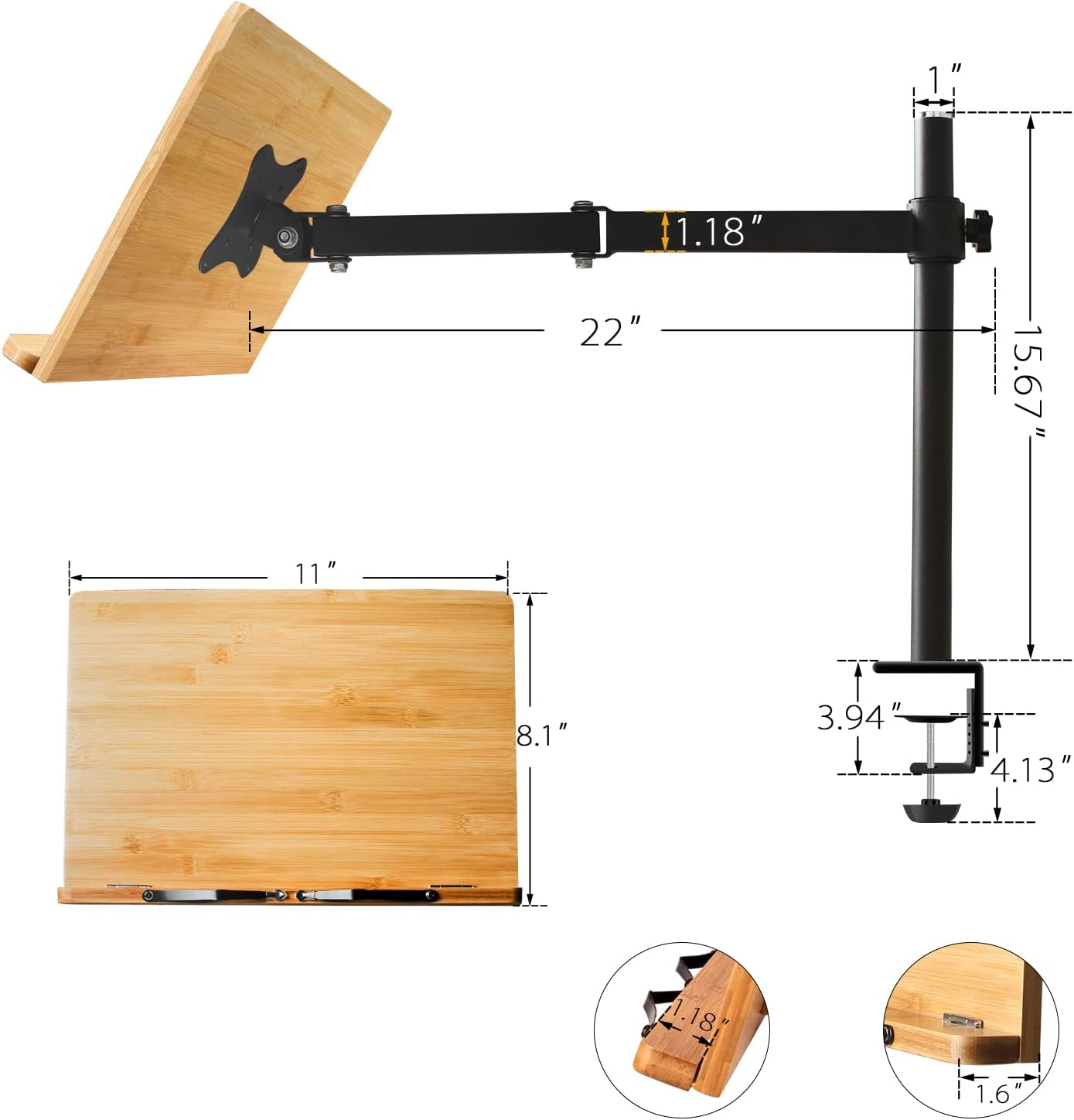Wishacc Bamboo Book Stand Height Adjustable with Clamp, Table Side Cookbook Rest - Desktop Reading Mount Holder with Sturdy Page Clips 11 X 8.1 Inch image number 5