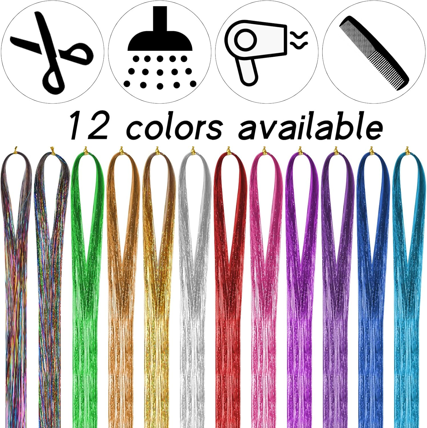 Hair Tinsel 12 Colours Hair Tinsel Strands Kit with Tool, Glitter Strands Hair, Coloured Hair Extensions, Coloured Hair Pieces, Synthetic Hair Extensions, Glitter Hairpieces with Kit Hooks, 120Cm