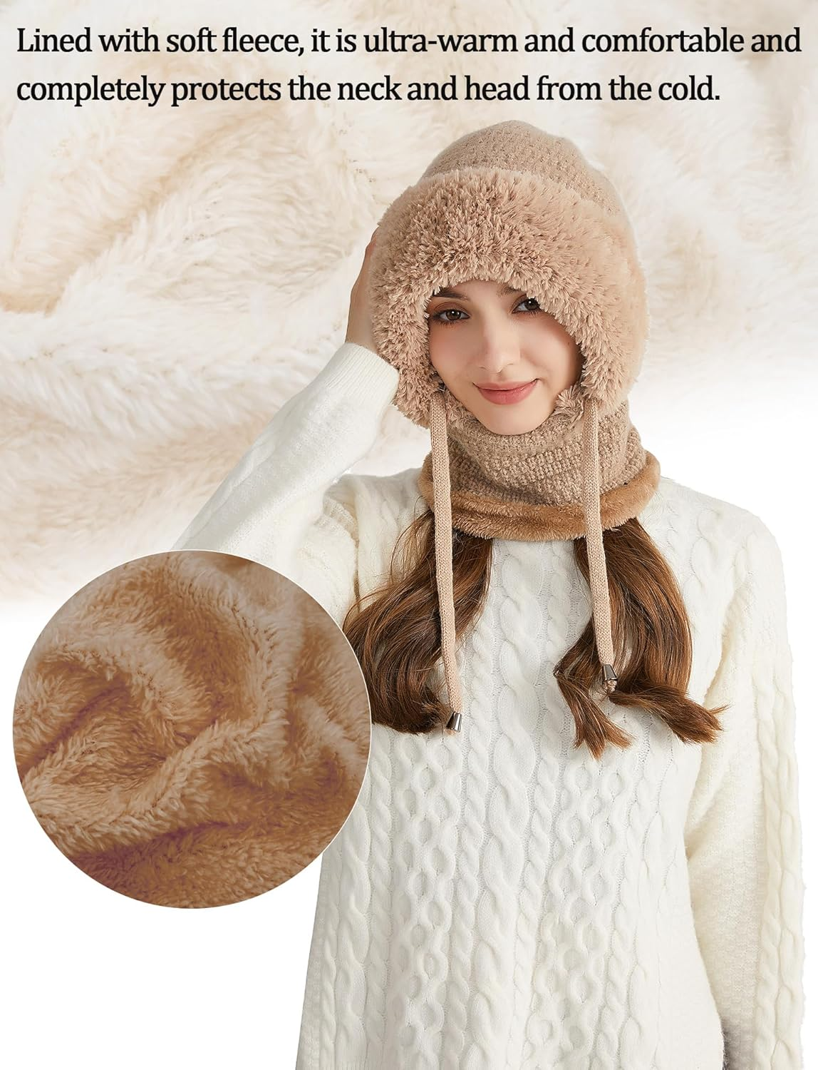 KEOYA Women'S Knit One-Piece Hat with Scarf Elastic Face Mask Fleece Balaclava with Drawstring Winter Warm Ski Beanie Cap image number 1