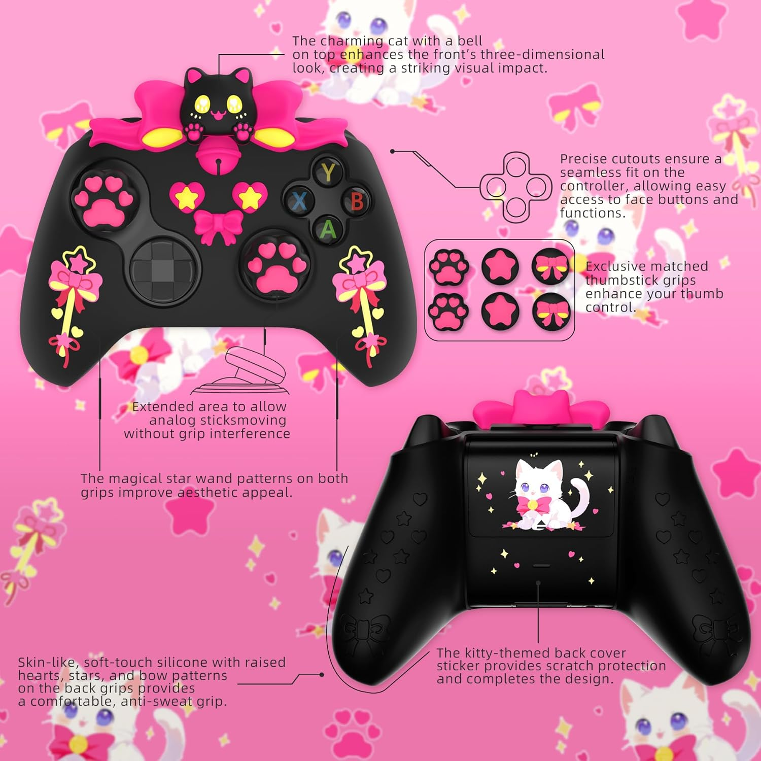 Playvital Sweetheart Kitty Silicone Cover Compatible with Xbox Series X/S Controller with Thumb Grips and Stickers, Soft Rubber Protector with Anti-Slip Grip for Xbox Core Controller - Black image number 3