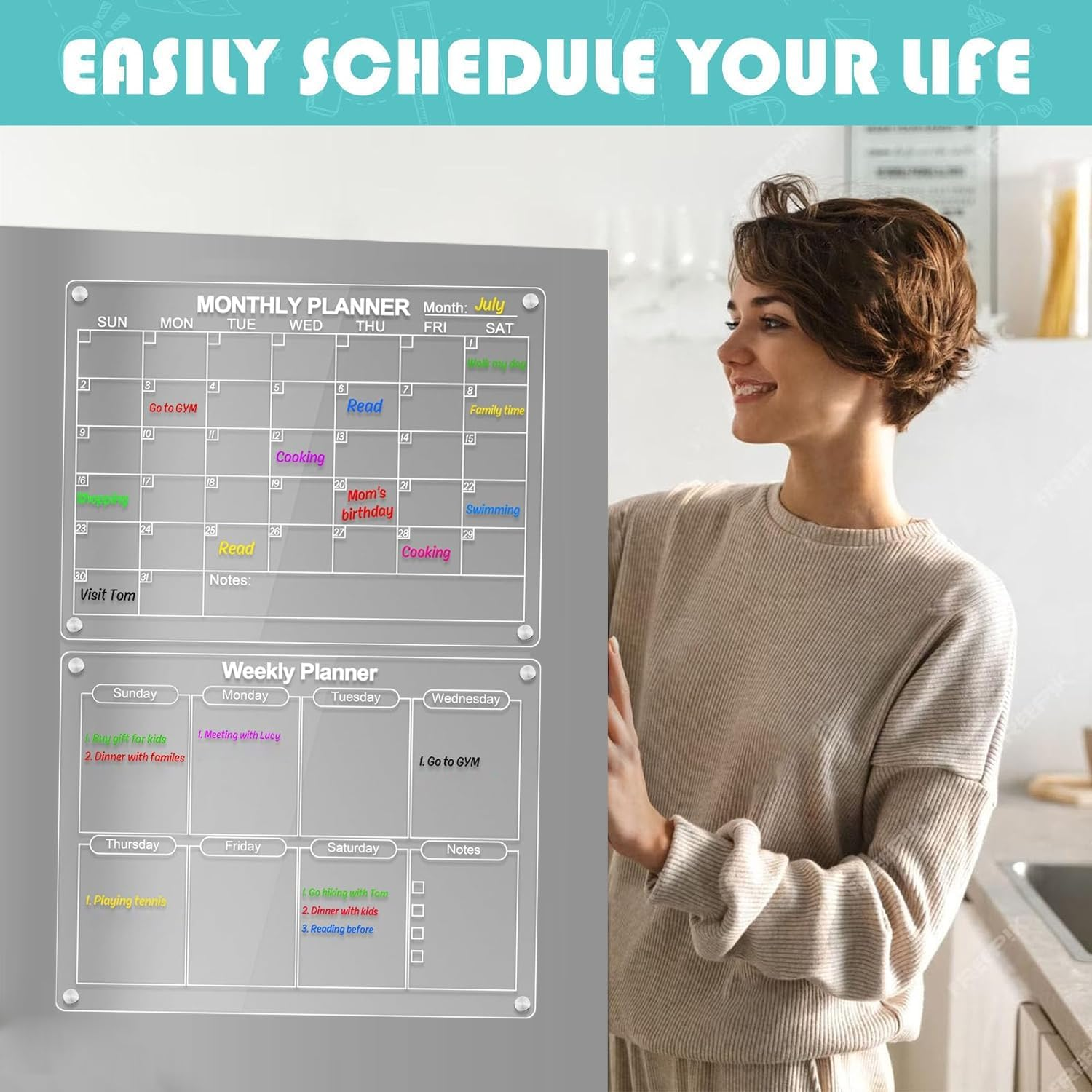 Acrylic Magnetic Dry Erase Board and Calendar for Fridge,43 * 30Cm Clear Acrylic Magnetic Dry Erase Planning Board of Monthly Calendar for Refrigerator with 6 Colored Markers and a Towel image number 2