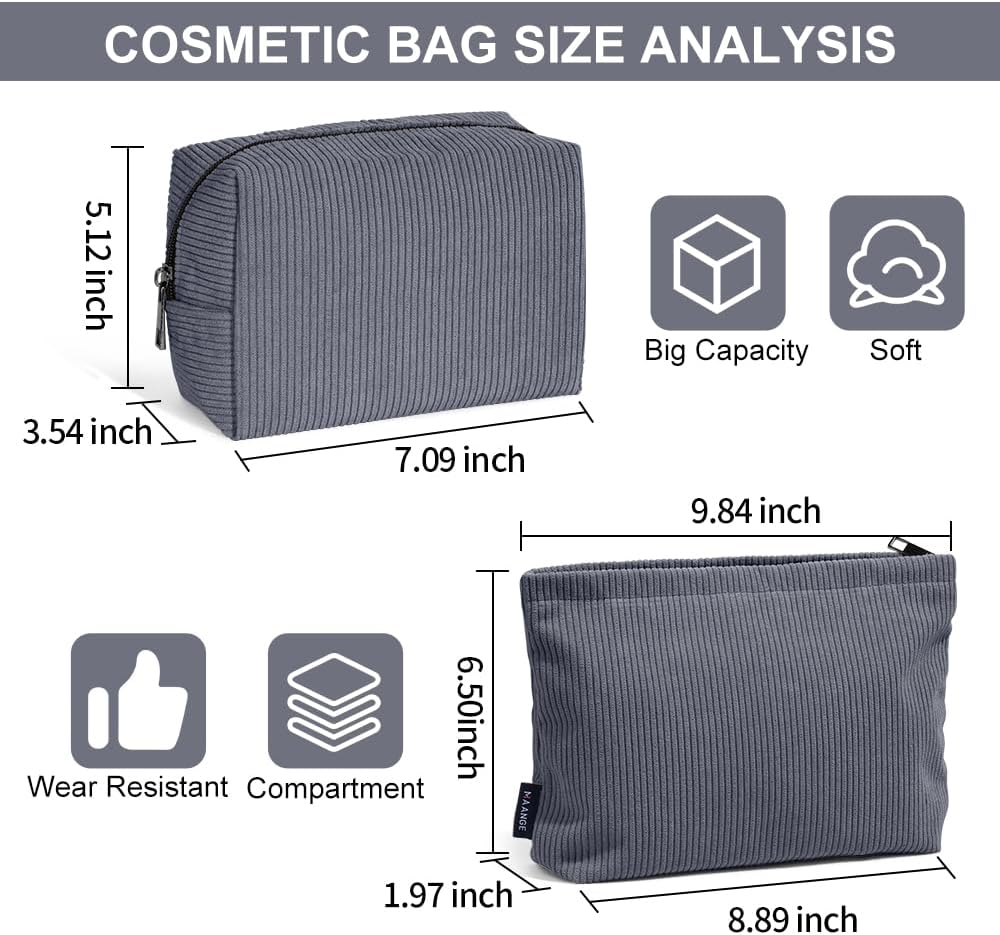 MAANGE 2 Pcs Cosmetic Bag, Travel Makeup Bag Makeup Pouch Corduroy Portable Versatile Zipper Pouch for Women (Grey image number 6