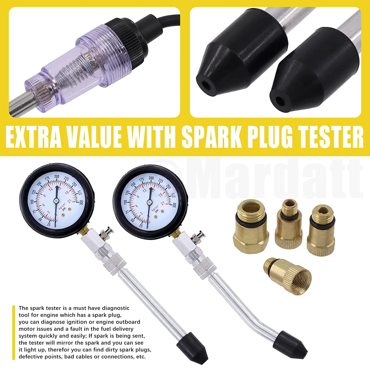 10Pcs Compression Adapter Kit with Spark Plug Tester & 32 Blades Feeler Gauge, Cylinder Pressure Gauges Fuel Injection Tester, Extension Tube for Automotive Armature Diagnostic image number 4