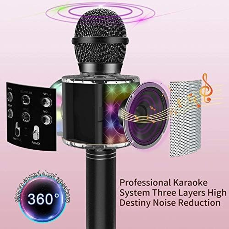 Wireless Bluetooth Karaoke Microphone with Controllable LED Lights, Xkey 4 in 1 Portable Karaoke Machine Speaker for Android/Iphone/Pc, Best Gifts Toys for Girls & Boys (Black1) - Black-2Pcs image number 3
