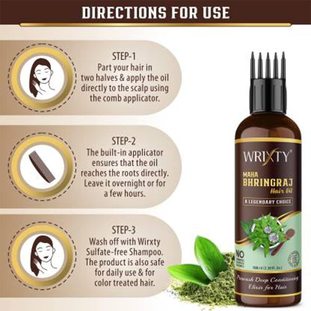Maha Bhringraj Hair Oil with Comb Applicator for Intense Hair Treatment | Promotes Hair Growth | Treats Dandruff and Dry Scalp | Nourishment Hair - 300Ml (100Ml X Pack 3) image number 4