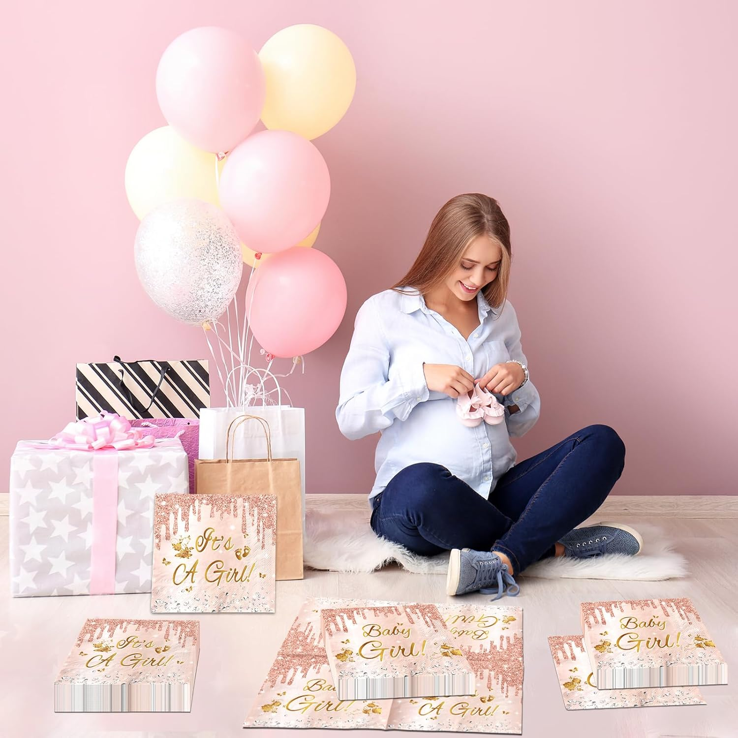Juweked 40Pcs Pink and Gold Baby Shower Napkins for Girl It'S a Girl Napkins Baby Shower Tableware Girl Baby Girl Shower Napkins Gender Reveal Napkins Pink Baby Shower Decorations