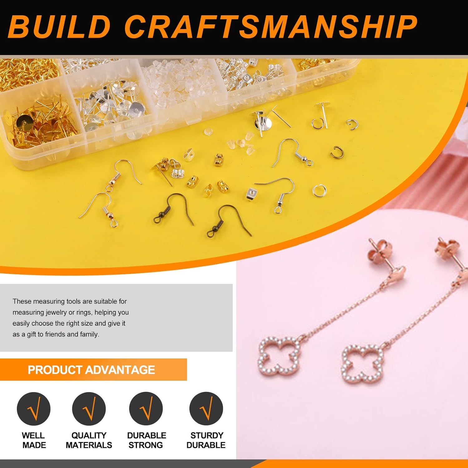 1533Pcs Hypoallergenic Earring Making Supplies Kit with Earring Hook, Earring Back, Earring Posts, Jump Ring, Jewelry Pliers, Earring Holder Card, Clear Bag for Jewelry Making Earring Repair image number 2