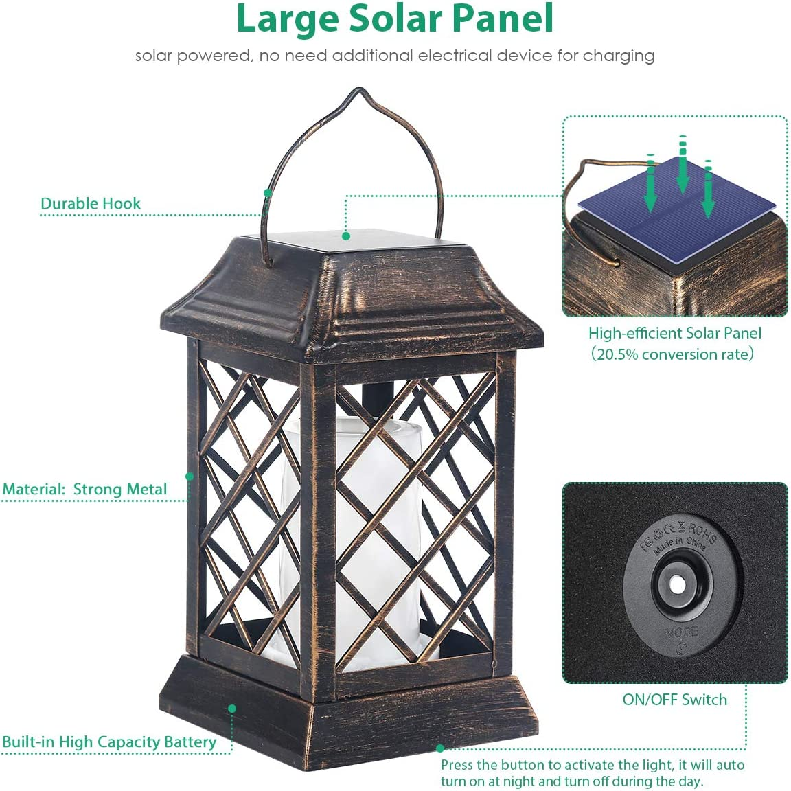 Tomcare Solar Lights Outdoor Flickering Flame Metal Solar Lantern Outdoor Hanging Decorative Lanterns Heavy Duty Waterproof Umbrella Decorations Lighting for Patio Garden Deck Yard, 2 Pack (Bronze) image number 2