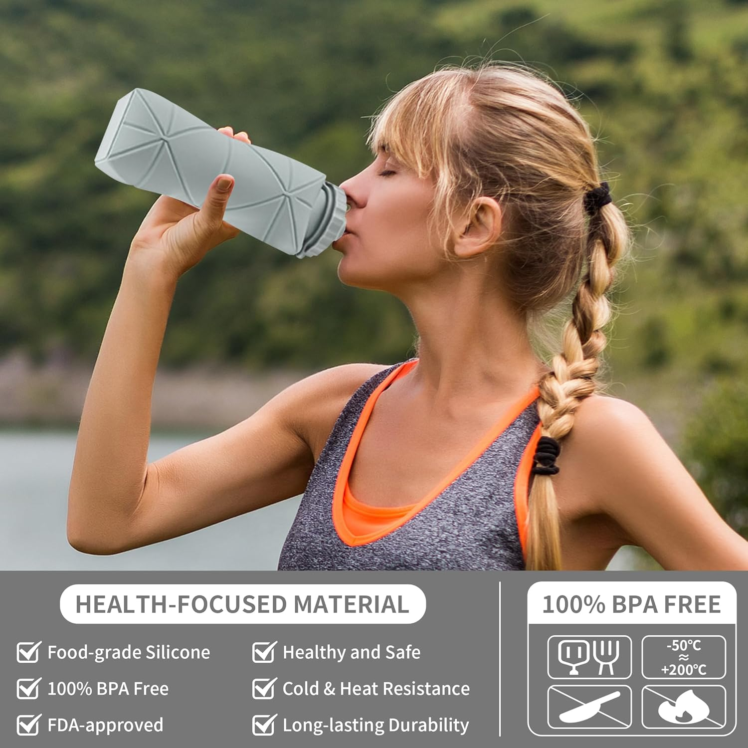 Collapsible Water Bottle 20.3 Oz, Leak Proof Lid Reusable, Bpa-Free Silicone Collapsible Travel Water Bottle for Hiking, Outdoor Sports, Gym, Camping image number 4