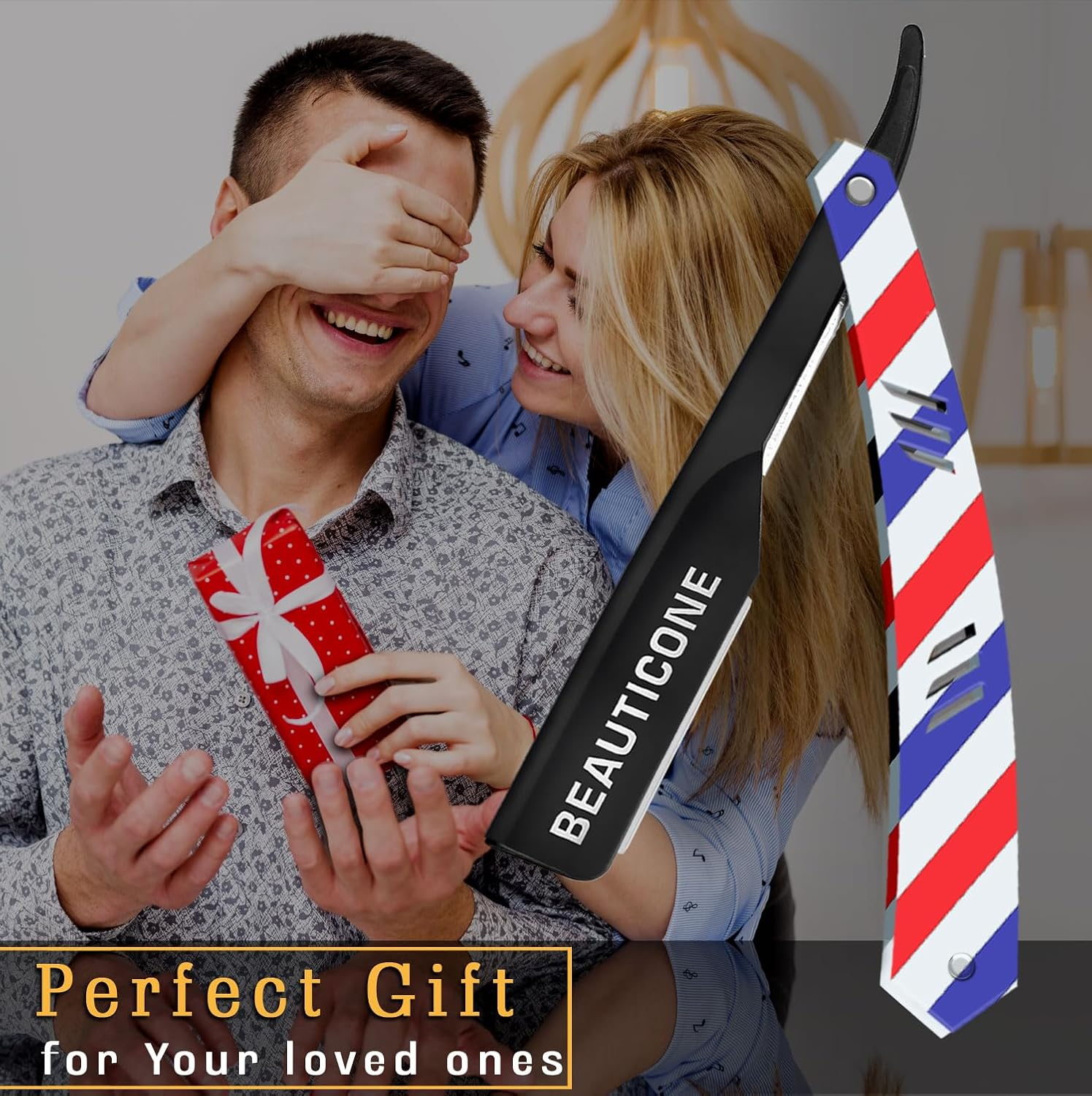 BEAUTICONE Professional Straight Razor for Men with 100 Single Edge Blades | Slide-Out Design (Barber Pole)