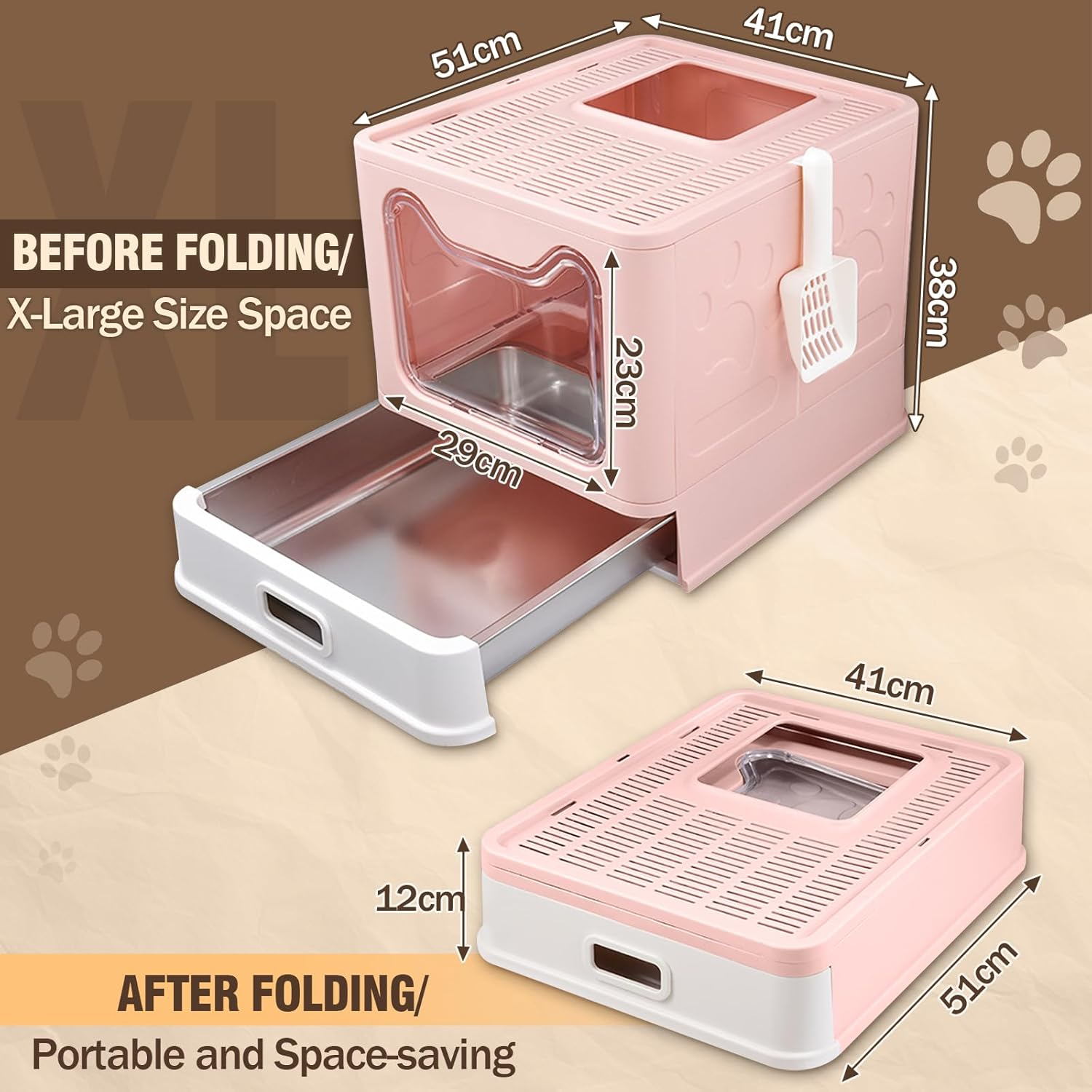 Stainless Steel Enclosed Cat Litter Box with Lid, Foldable Metal Enclosed XL Top Entry Kitty Litter Pan Tray with Scoop,Easy to Clean(Pink) image number 1