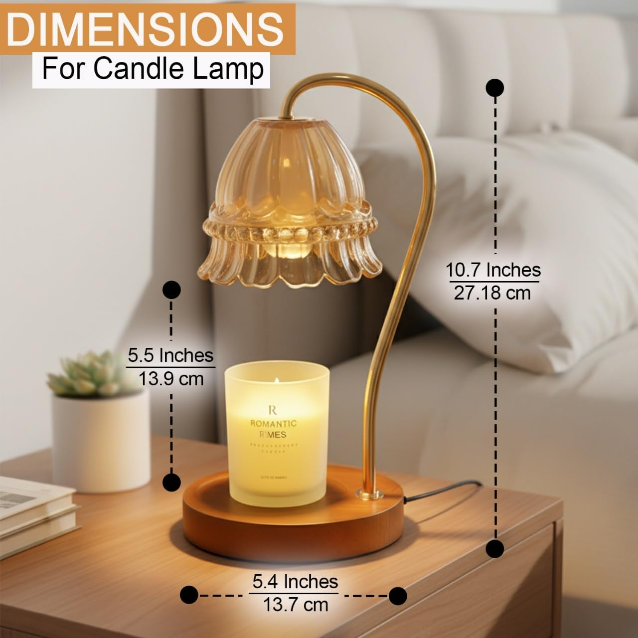 Vintage Candle Warmer - Aromatherapy Lamp with Timer | 4-Level Dimming and Infinite Dimming | Glass Shade | Wooden Base | Includes Two 50W G10 Halogen Bulbs | Elegant Home Decor (Yellow)