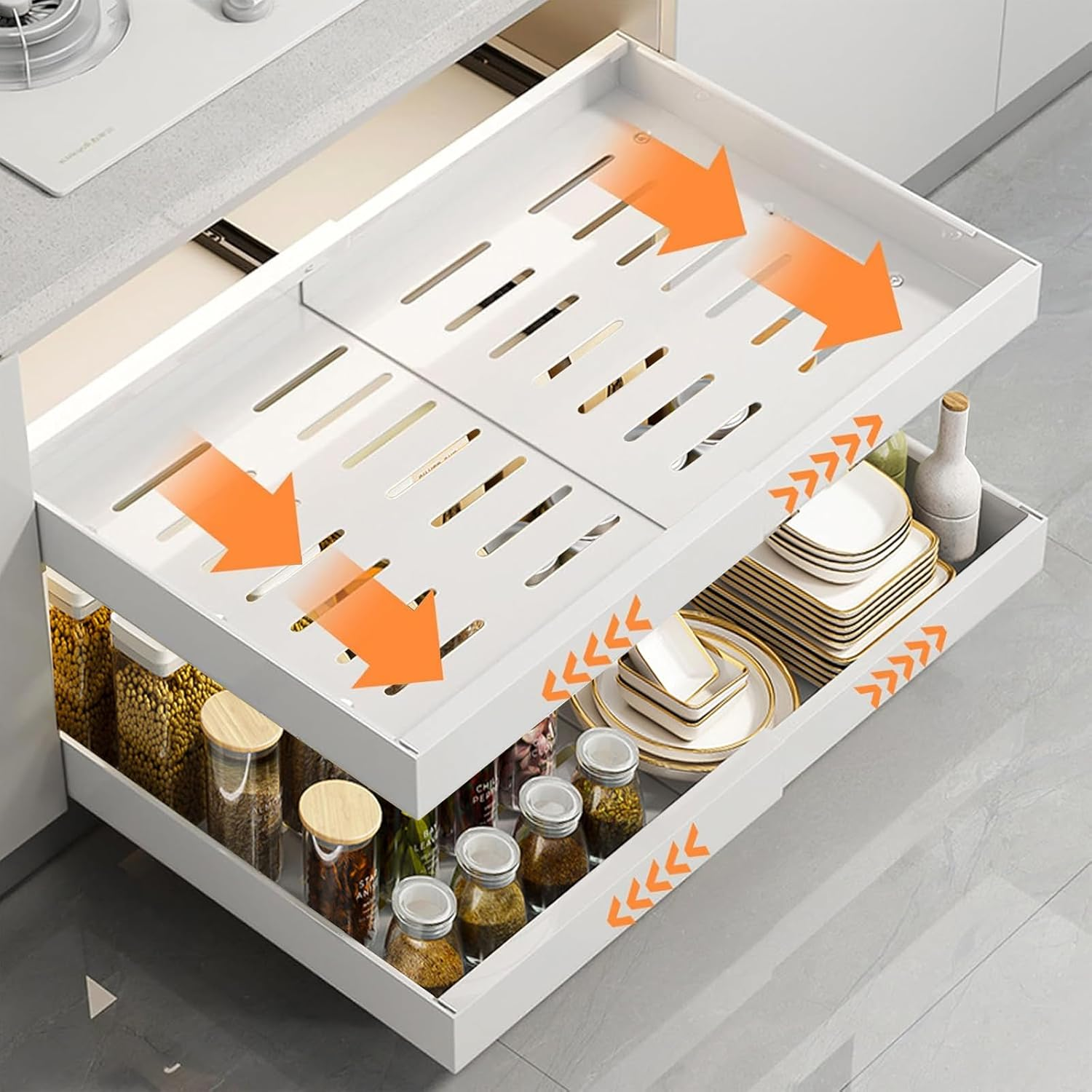 2 Pack Pull Out Cabinet Organizer, Expandable (12.6-20.5In) Cabinet Roll Out Drawers，Upgraded No-Drill Chest of Pull Out Drawers for Cabinets with 3 Adjustable Slides (White, 16.5 in Deep) image number 1