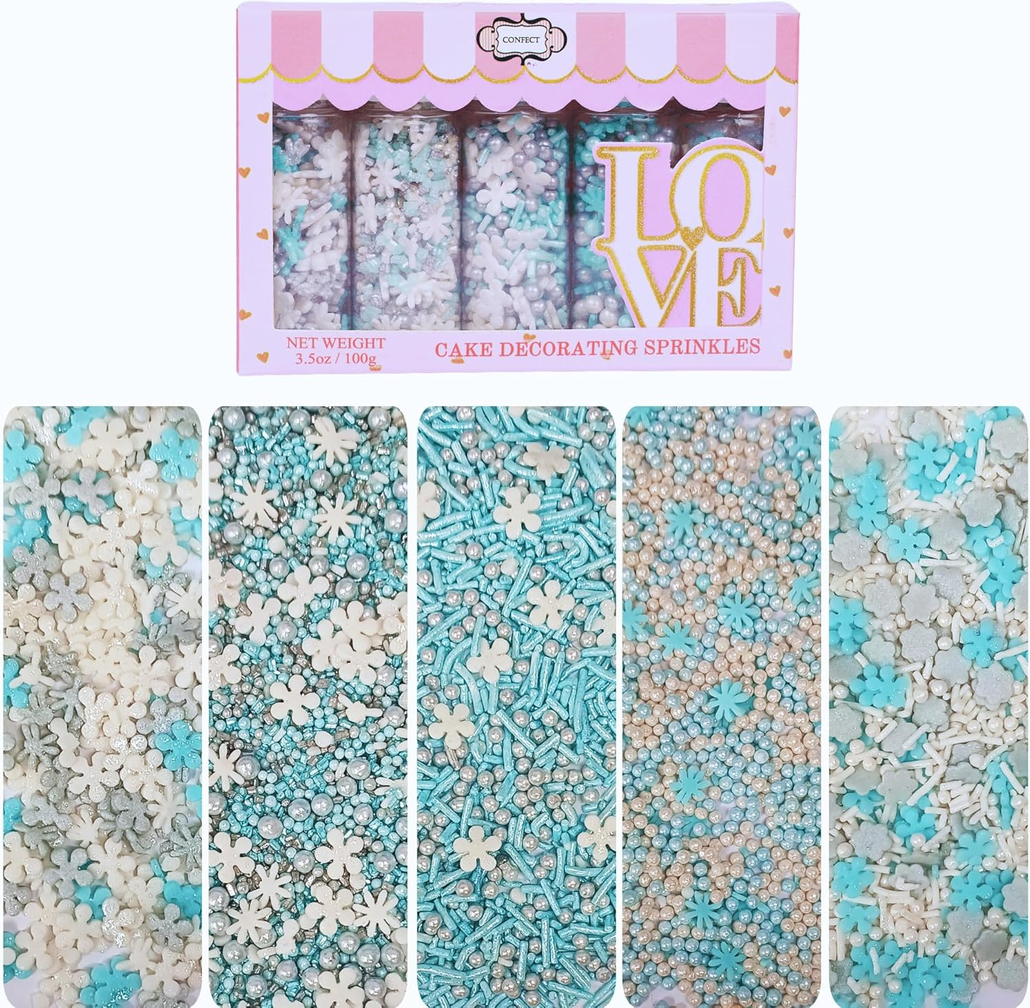Confect Christmas Sprinkles | Mix Silver, Gold, White and Blue Flower & Snowflakes Cookie Sprinkles | Frozen Sprinkles & Sparkling Sugar | Sprinkles for Baking & Cake Decorative - 100Gms image number 1