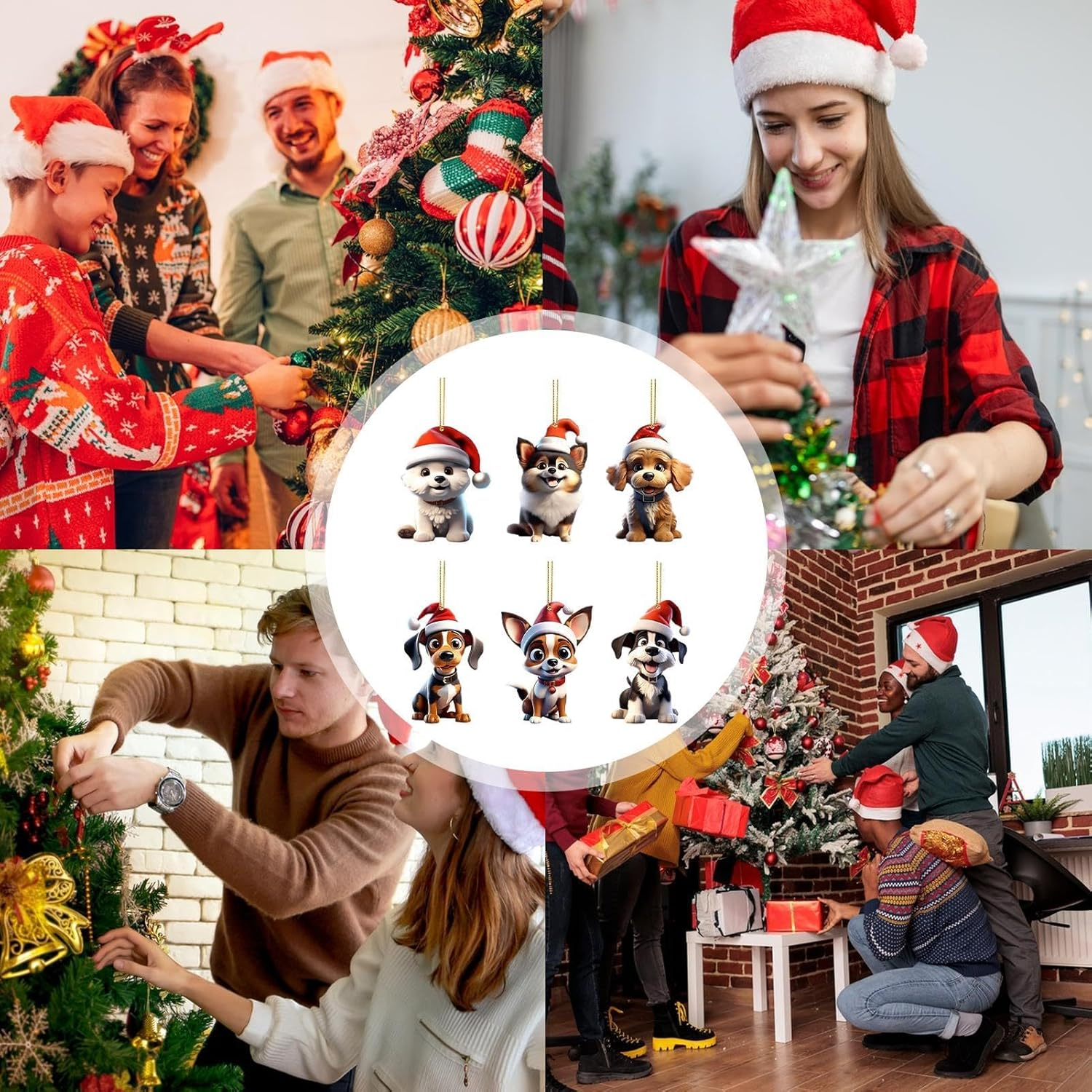 Puppy Ornaments for Christmas Trees, 6X Acrylic Puppy Craft Decor, 2024 Christmas Tree Pendants, 2D Santa Hat Dog Tabletop Ornaments for Christmas Tree image number 1