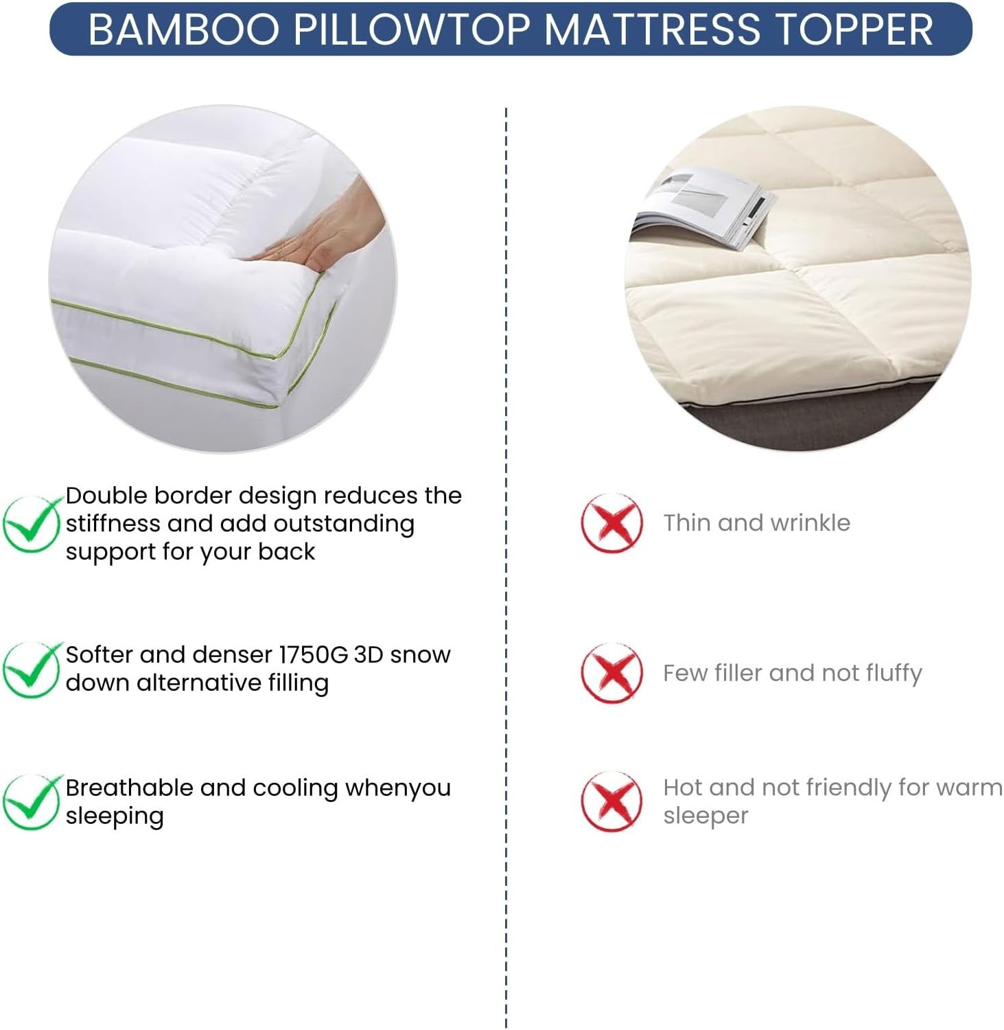 Bamboo Mattress Topper Hotel Style Pillowtop Fitted Mattress Cover 10Cm Thick - Machine Washable Hypoallergenic(White (1750GSM), Double)