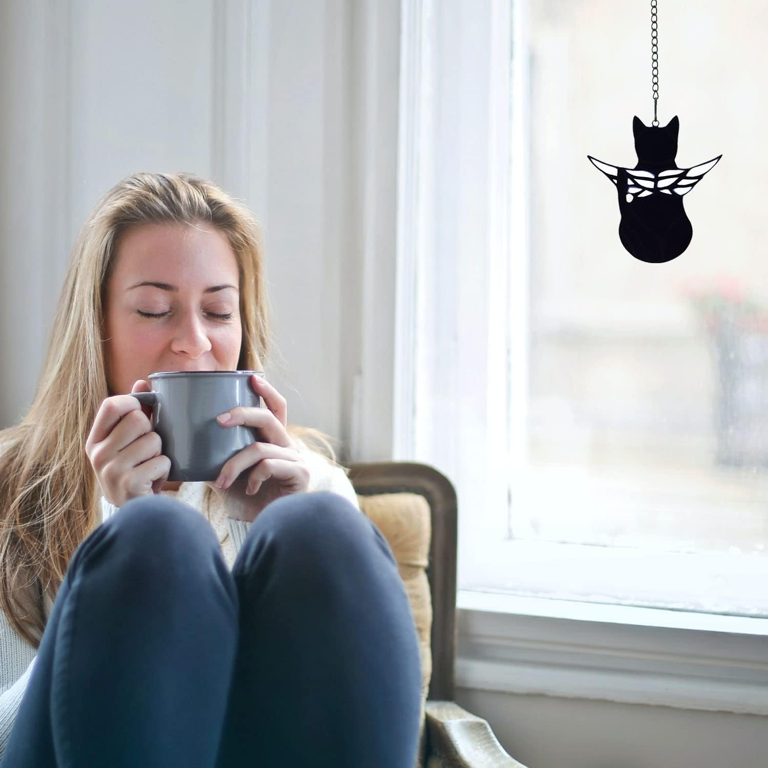 BOXCASA Angel Cat Memorial Gifts Ornaments,Stained Glass Window Hanging Decorations,Angel Wings Black Cat Suncatcher Decor,Cat Lovers Gifts Ornaments,Pet Memorial Sympathy Gifts Decoration image number 1