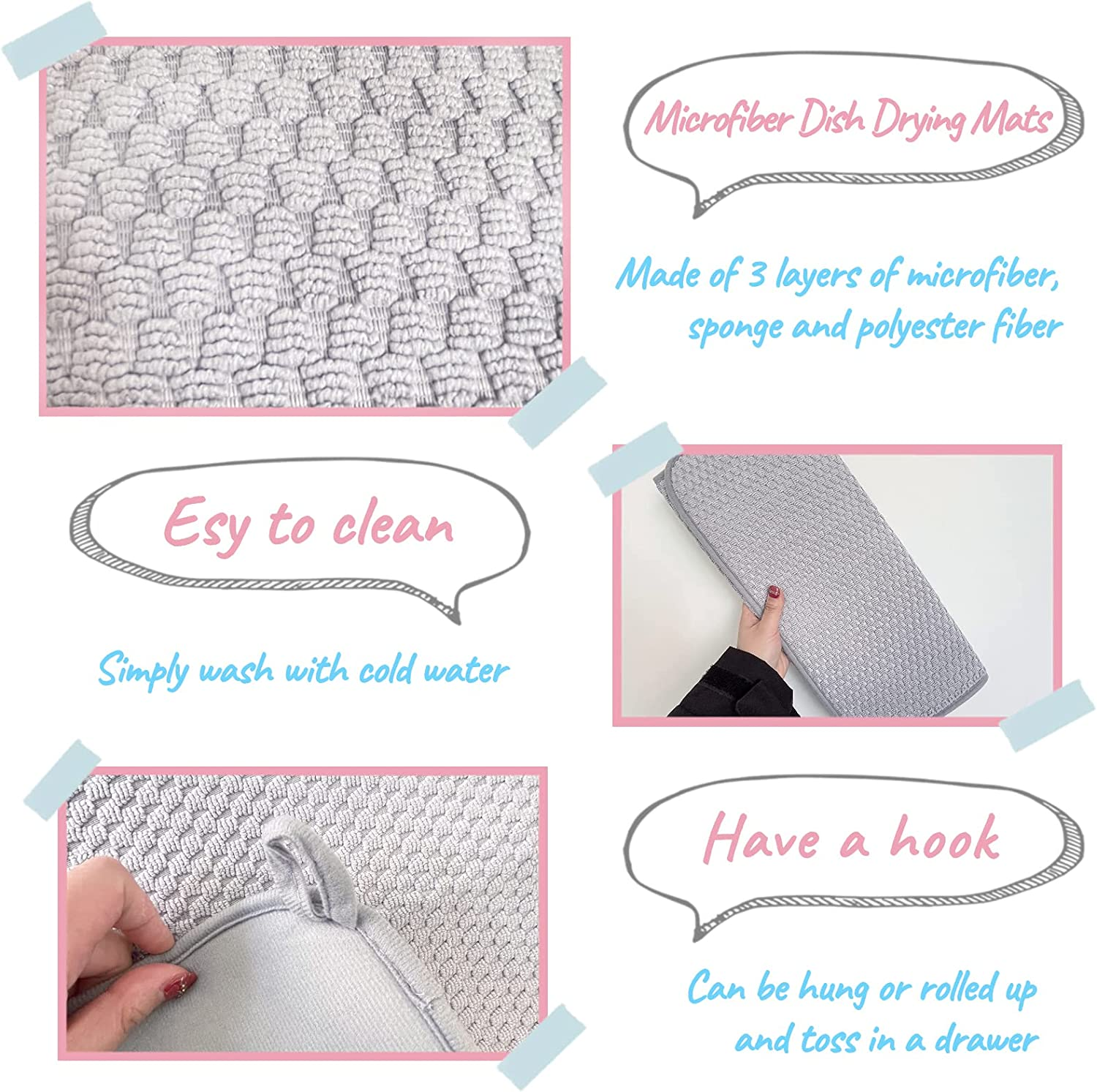 2 Pack Microfiber Dish Drying Mat,24*17 Inch Absorbent Dish Drainer Kitchen Counter,Large Size Dish Drying Pad for Countertops,Sinks,Draining Racks(Gray)